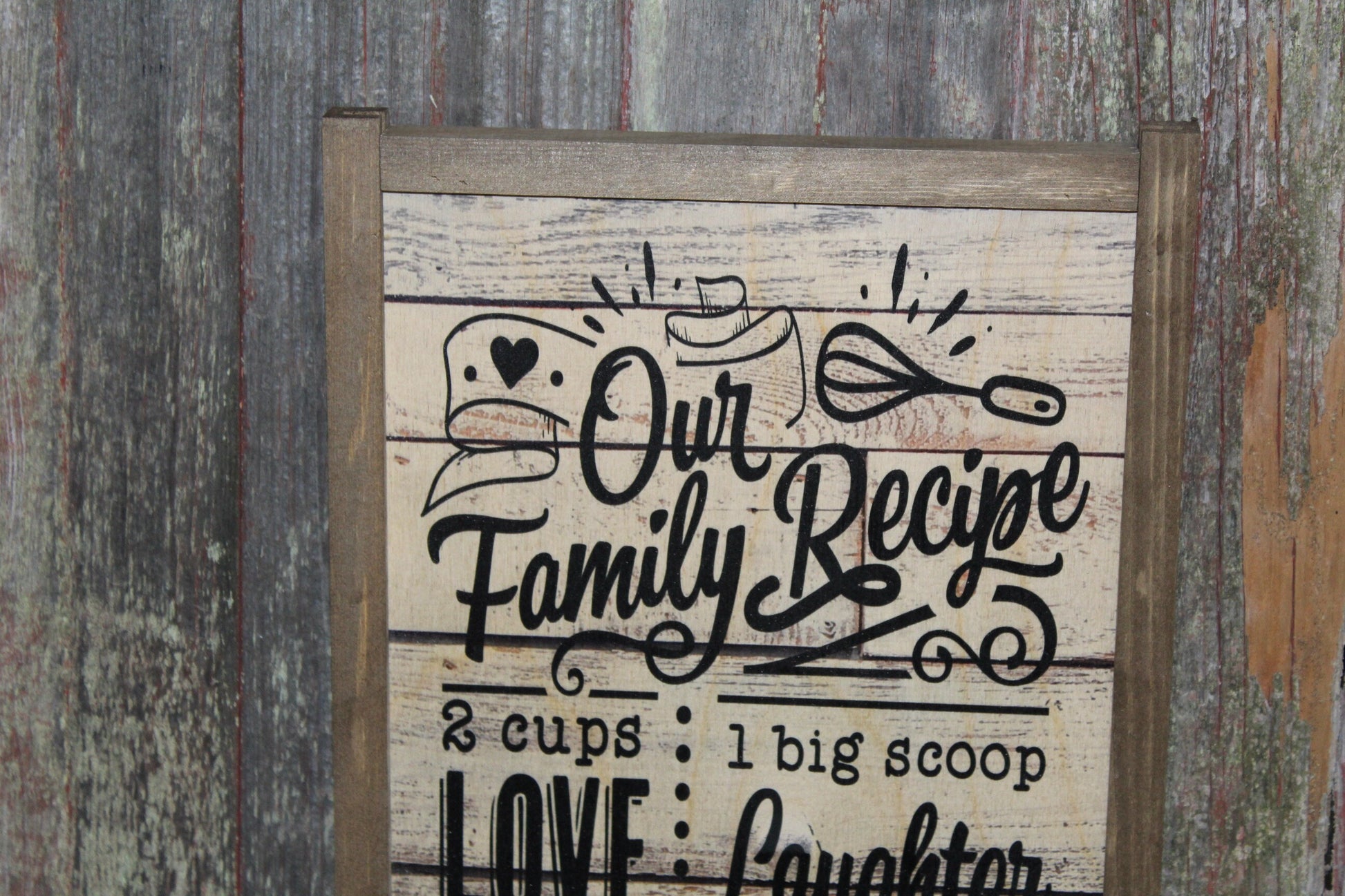 Our Family Rules Wood Sign Shiplap Wall Art Farmhouse Primitive Rustic Text Large Love Laughter Measuring Patience Kindness Recipe Text