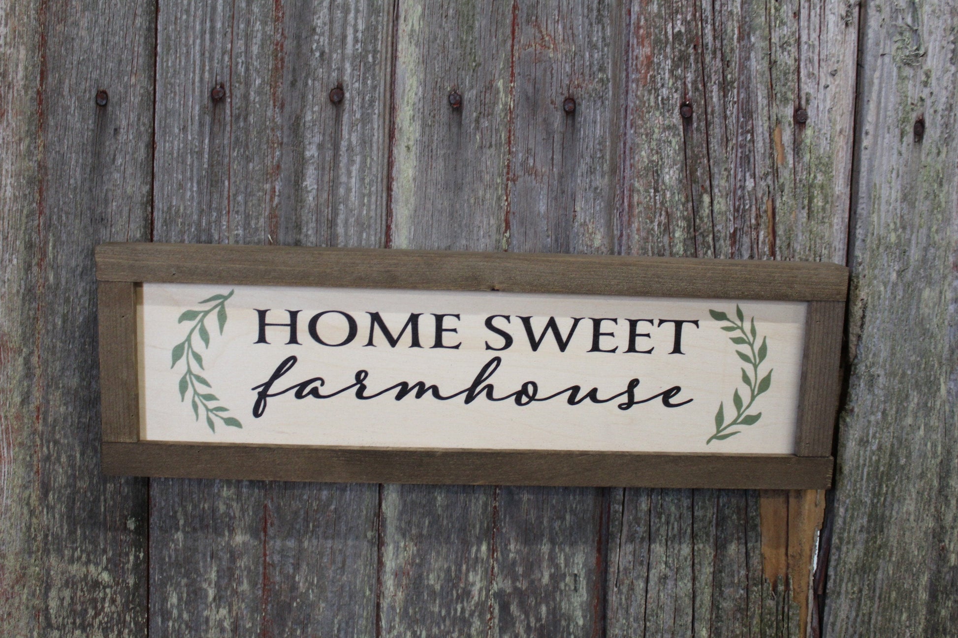 Home Sweet Farmhouse Sign Wood Printed Country Rustic Primitive Wall Art Picture Text Script Small Gray Brown Rectangle Love Farm House
