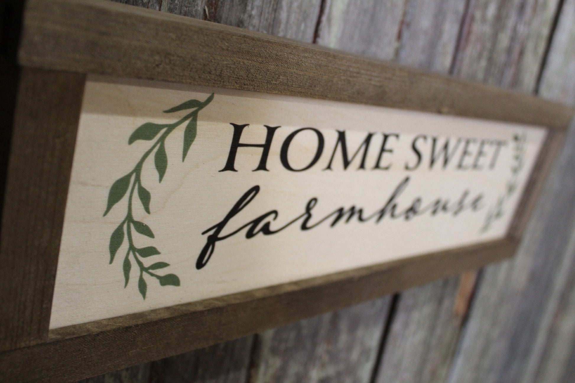 Home Sweet Farmhouse Sign Wood Printed Country Rustic Primitive Wall Art Picture Text Script Small Gray Brown Rectangle Love Farm House