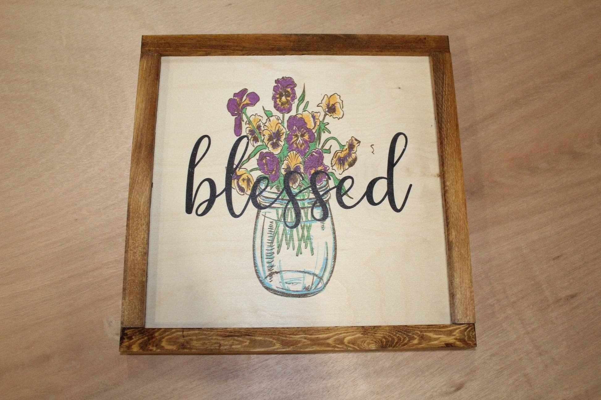 Blessed Wood Sign Purple and Yellow Pansy Flower Vase Brown Framed Print Pansies Floral Text Gift Wall Art Farmhouse Primitive Rustic