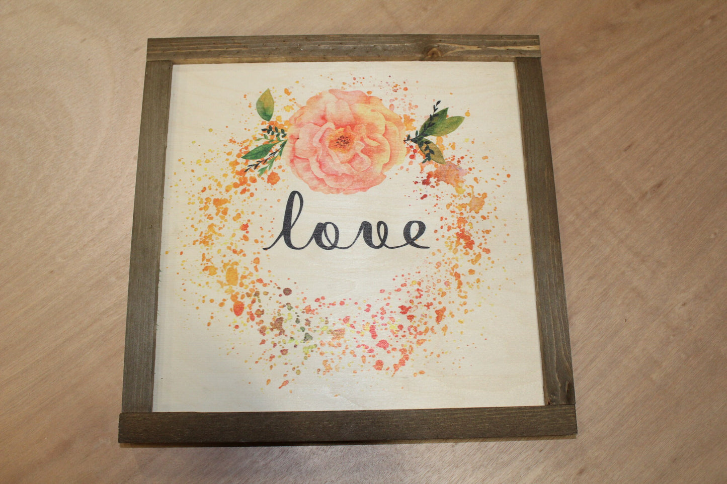 Love Wood Sign Watercolor Carnation Peony Wreath Flower Brown Framed Orange Pink Print Floral Text Gift Wall Art Farmhouse Primitive Rustic