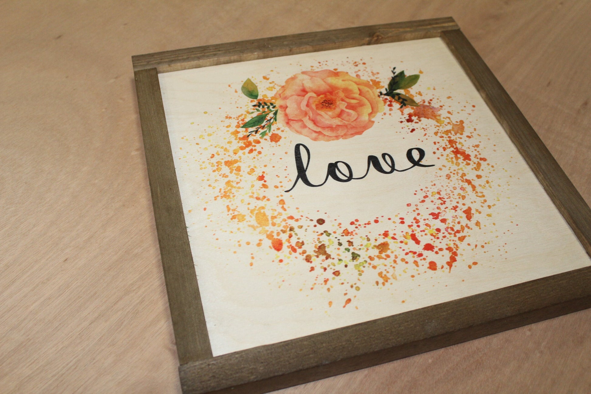 Love Wood Sign Watercolor Carnation Peony Wreath Flower Brown Framed Orange Pink Print Floral Text Gift Wall Art Farmhouse Primitive Rustic