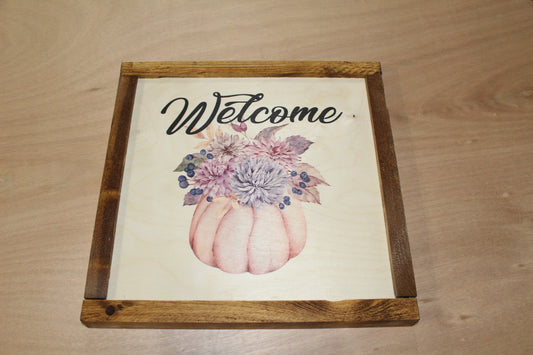 Fall Bouquet Pumpkin Wood Sign Watercolor Welcome Sign Peony Berries Leaves Flower Print Floral Text Wall Art Farmhouse Primitive Rustic
