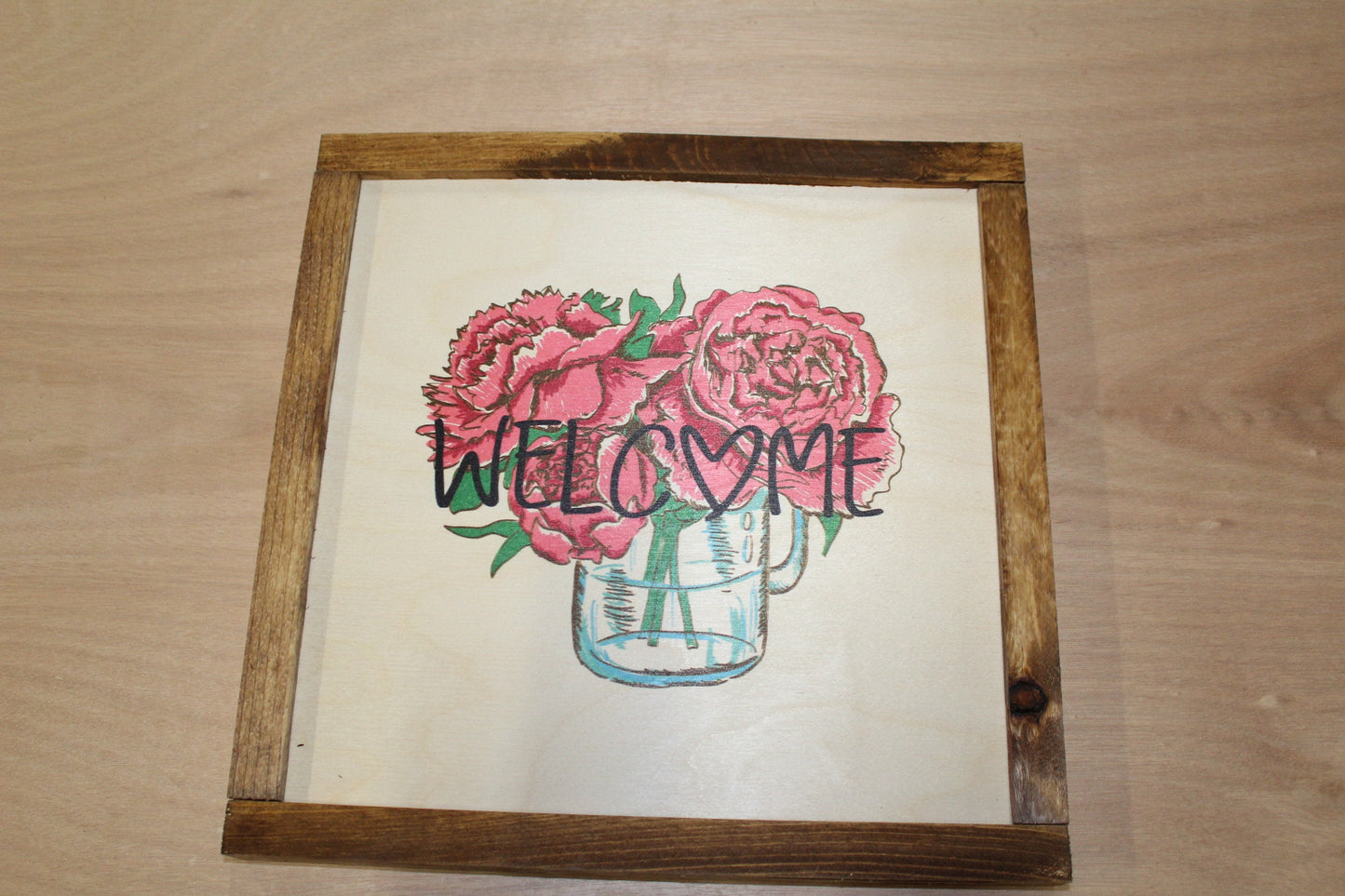 Peony Bouquet Wood Sign Pink Welcome Sign Flowers Mason Jar Spring Print Floral Text Wall Art Farmhouse Primitive Rustic