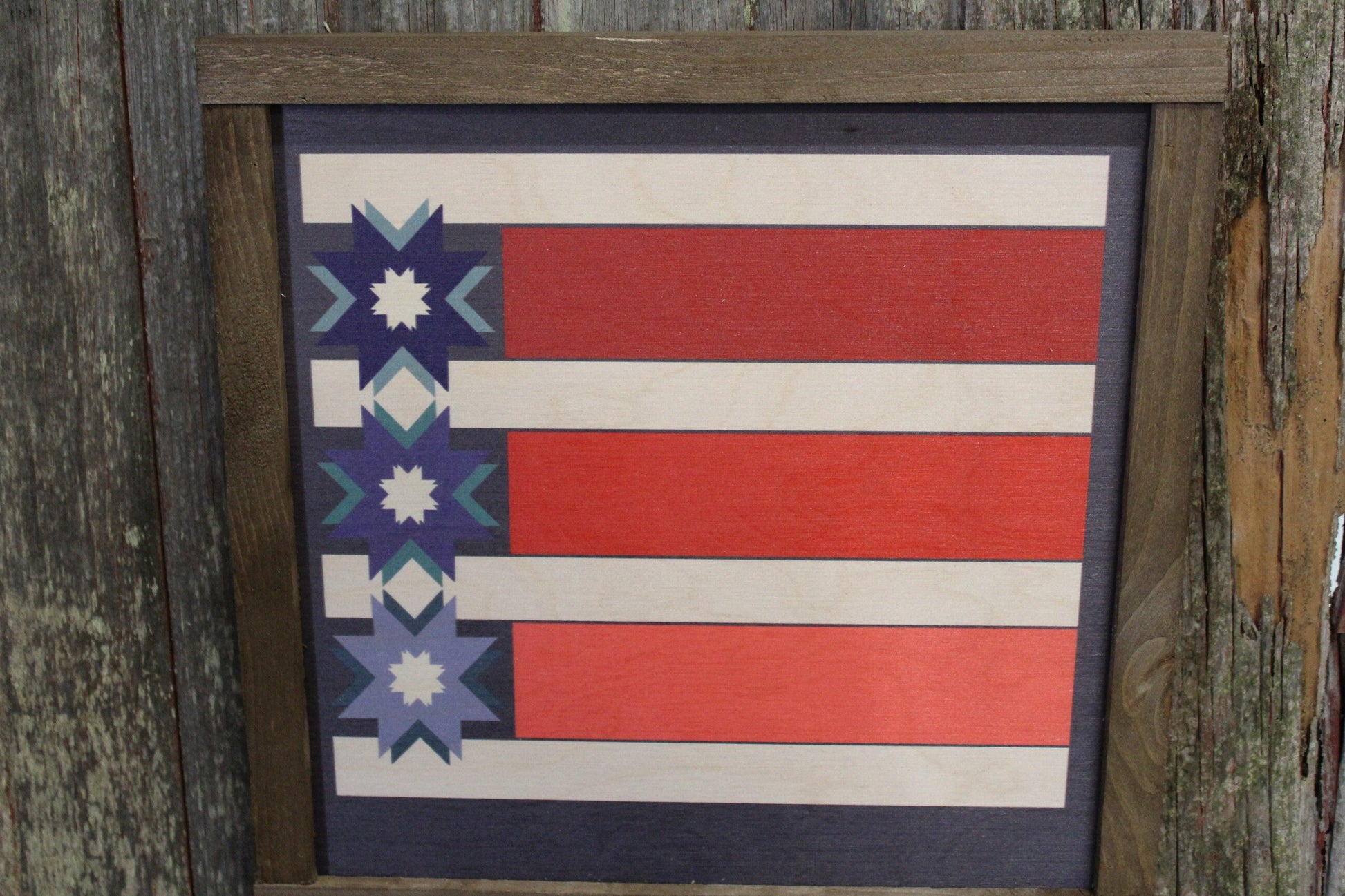 Patriotic Barn Quilt Wood Sign Red White Blue Stripe Stars Country Brown Framed Print Wall Art Farmhouse Primitive Rustic
