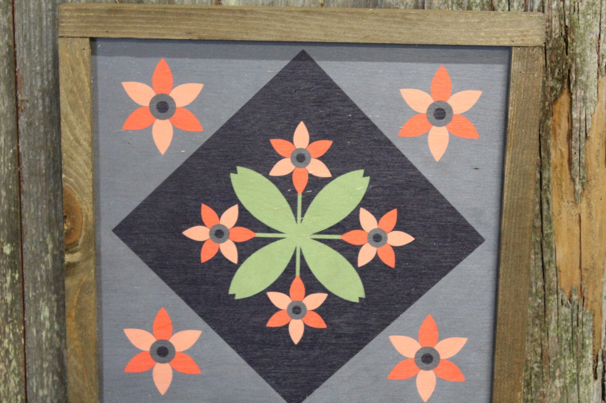 Flower Barn Quilt Wood Floral Bloom Diamond Sign Pastel Country Brown Framed Square Pattern Block Print Wall Art Farmhouse Primitive Rustic