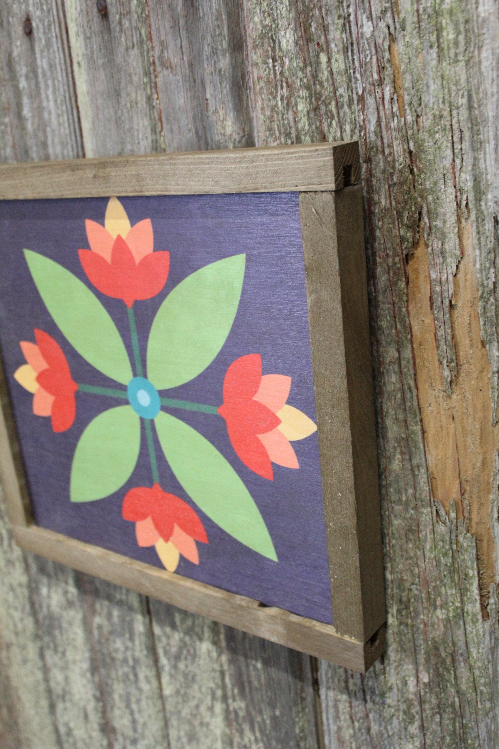Tulip Barn Quilt Wood Sign Flower Bloom Floral Red Orange Yellow Green Country Square Pattern Block Wall Art Farmhouse Primitive Rustic