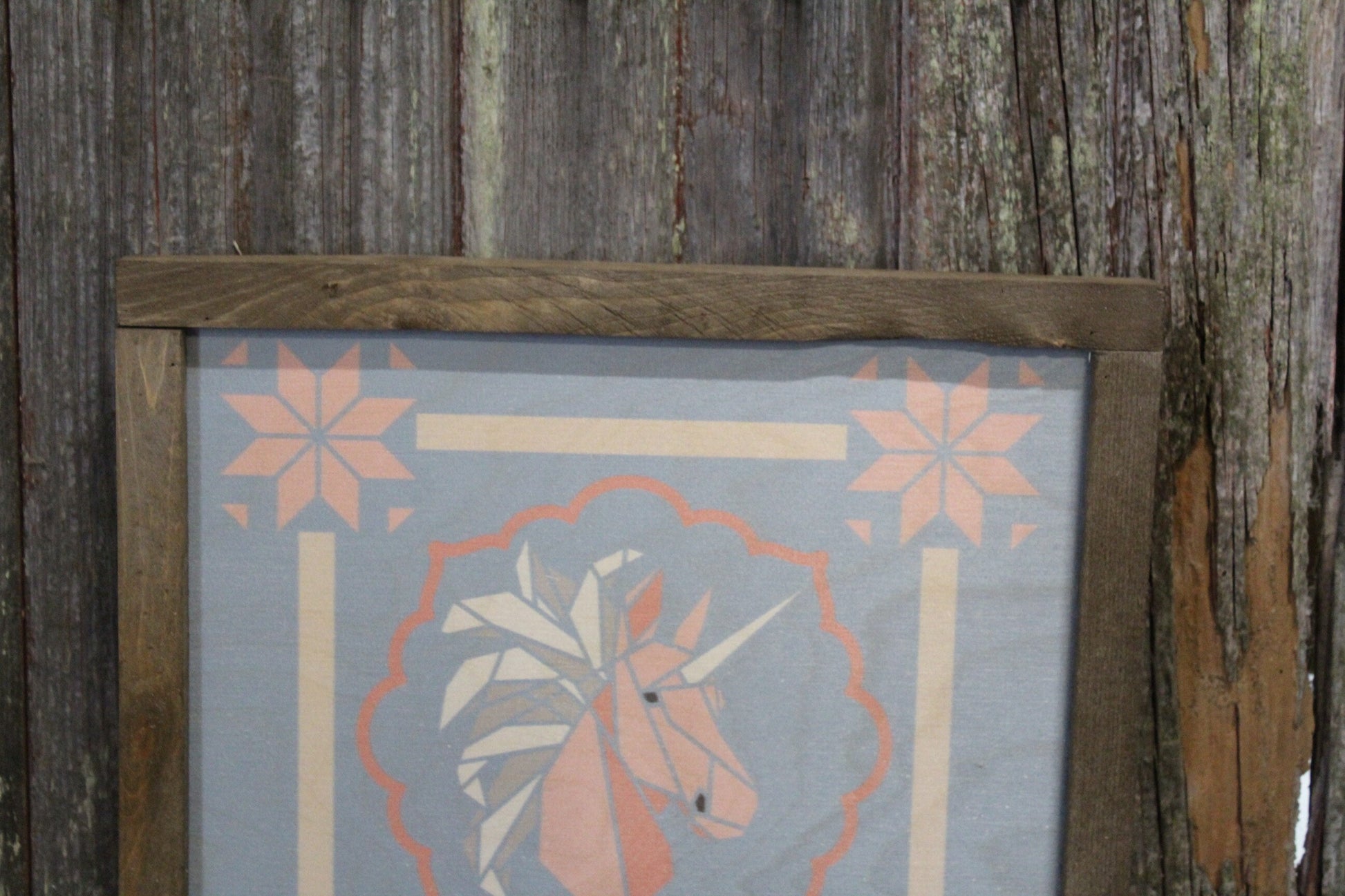Unicorn Barn Quilt Wood Sign Stylized Pastel Origami Shapes Country Square Pattern Block Wall Art Farmhouse Primitive Rustic