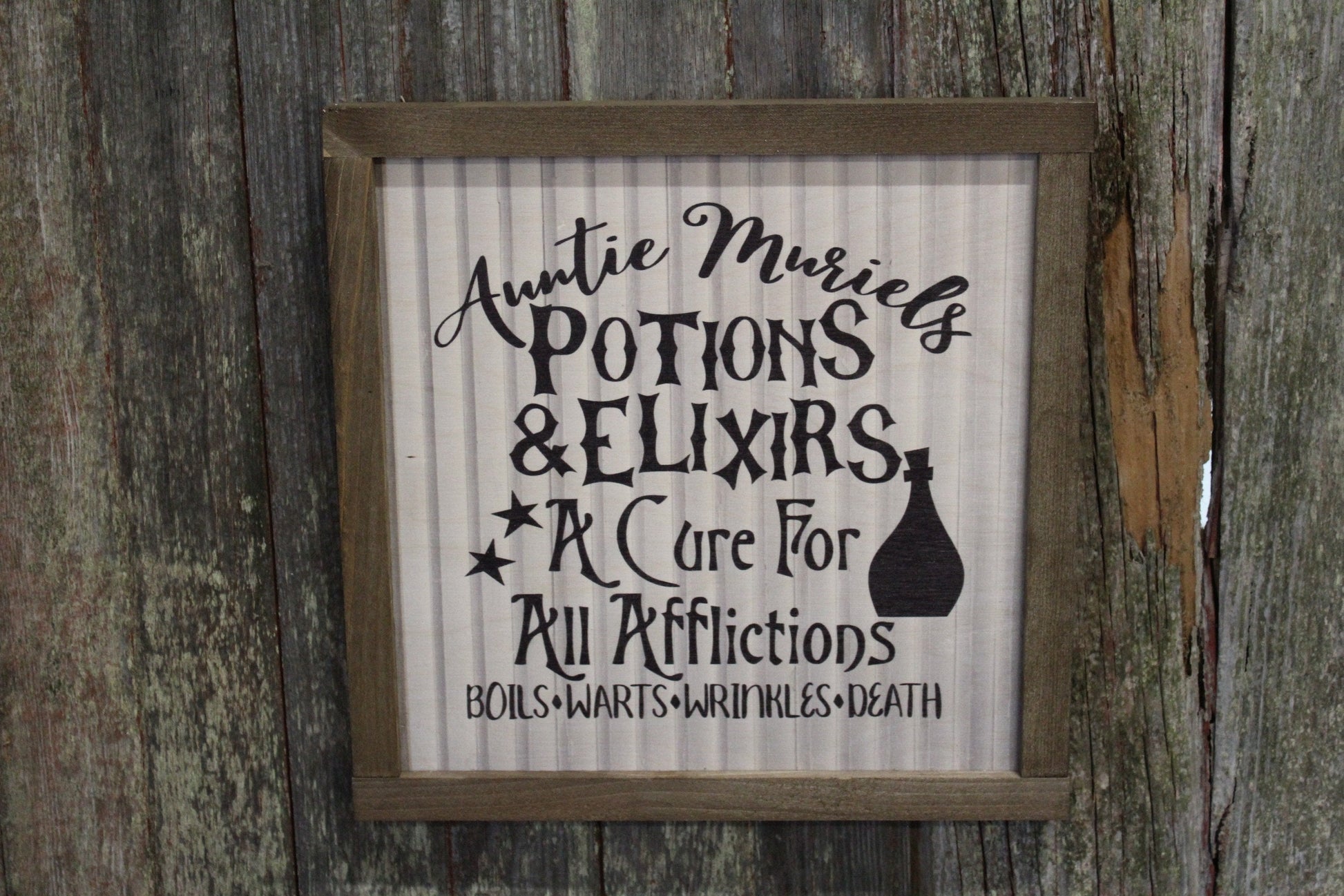 Potions and Elixirs Halloween Wood Sign A Cure For All Afflictions Shiplap Boils Worts Wrinkles Death Funny Art Farmhouse Primitive Rustic