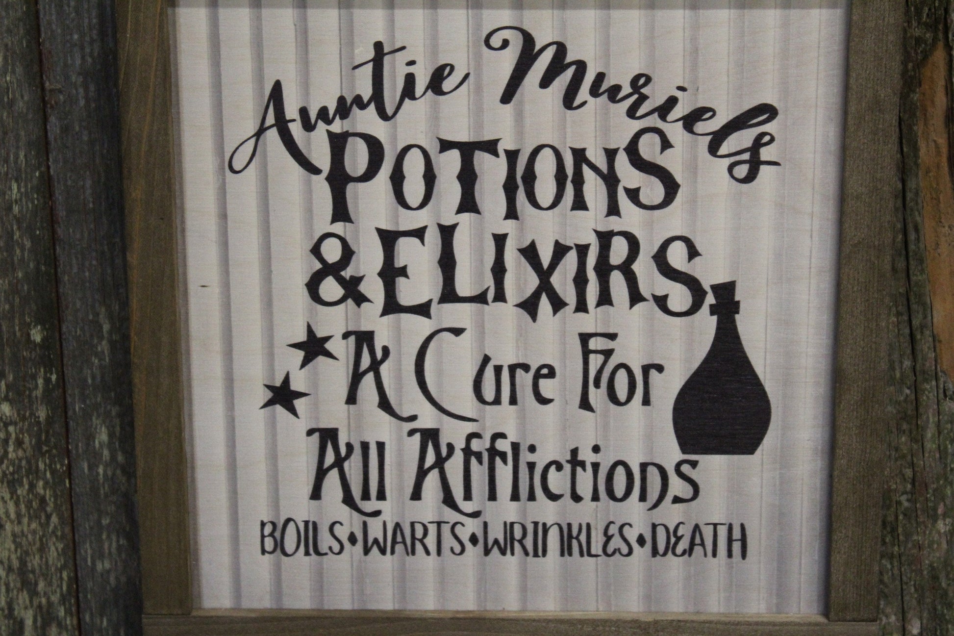 Potions and Elixirs Halloween Wood Sign A Cure For All Afflictions Shiplap Boils Worts Wrinkles Death Funny Art Farmhouse Primitive Rustic