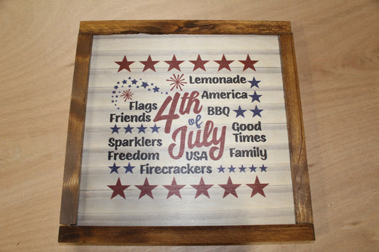Fourth of July Wood Sign Flag Stars Friends Freedom Sparklers Family BBQ Brown Framed Text Gift Wall Art Farmhouse Primitive Rustic