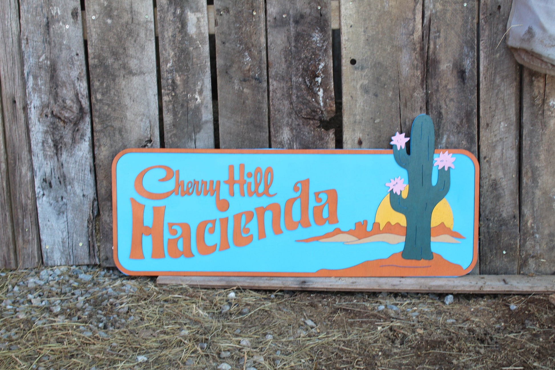 Hacienda Raised Sign 3D Wood Cactus Western Sunset Custom Shape Large Laser Cut Wood Rustic Primitive Home House Address Sign
