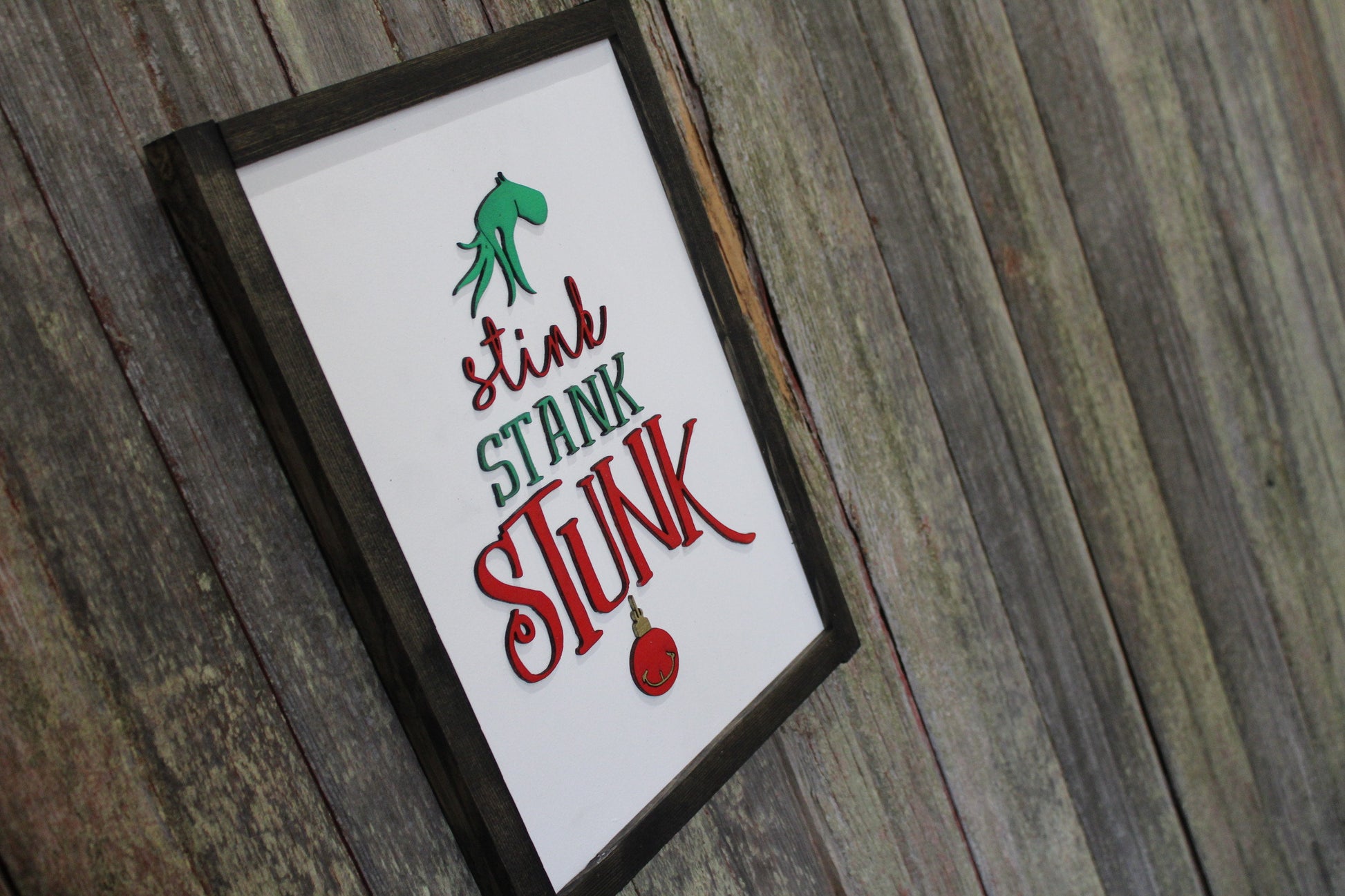 Stink Stank Stunk Sign Raised 3D Wood Mean One Christmas Décor Decoration Wall Art Farmhouse Rustic Primitive Fingers Smile Hand Festive