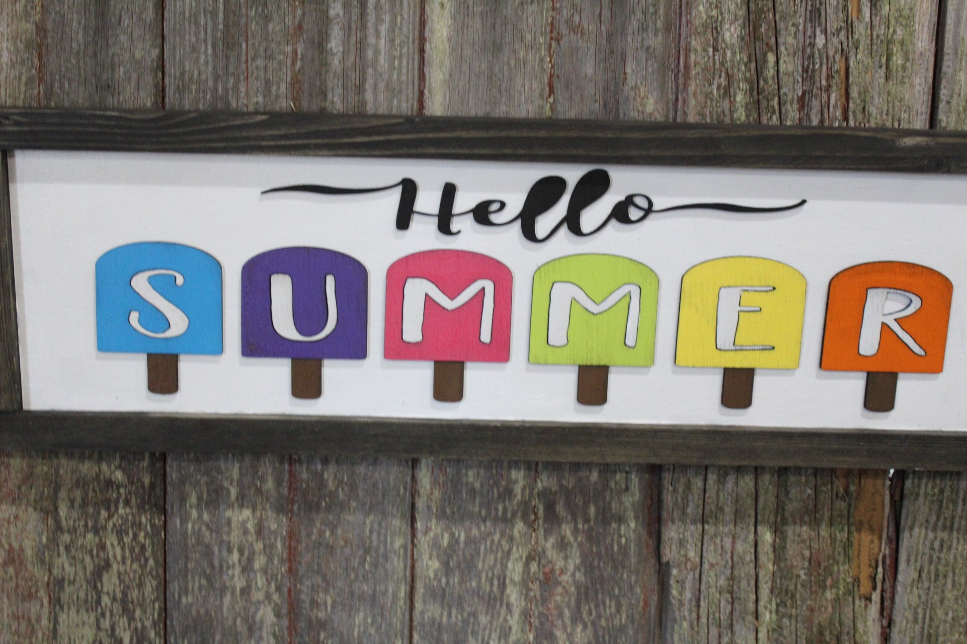 Hello Summer Wood Sign 3D Raised Text Image Bright Popsicles Ice Pops Ice Cream Fun Farmhouse Handmade Sign Rustic Primitive