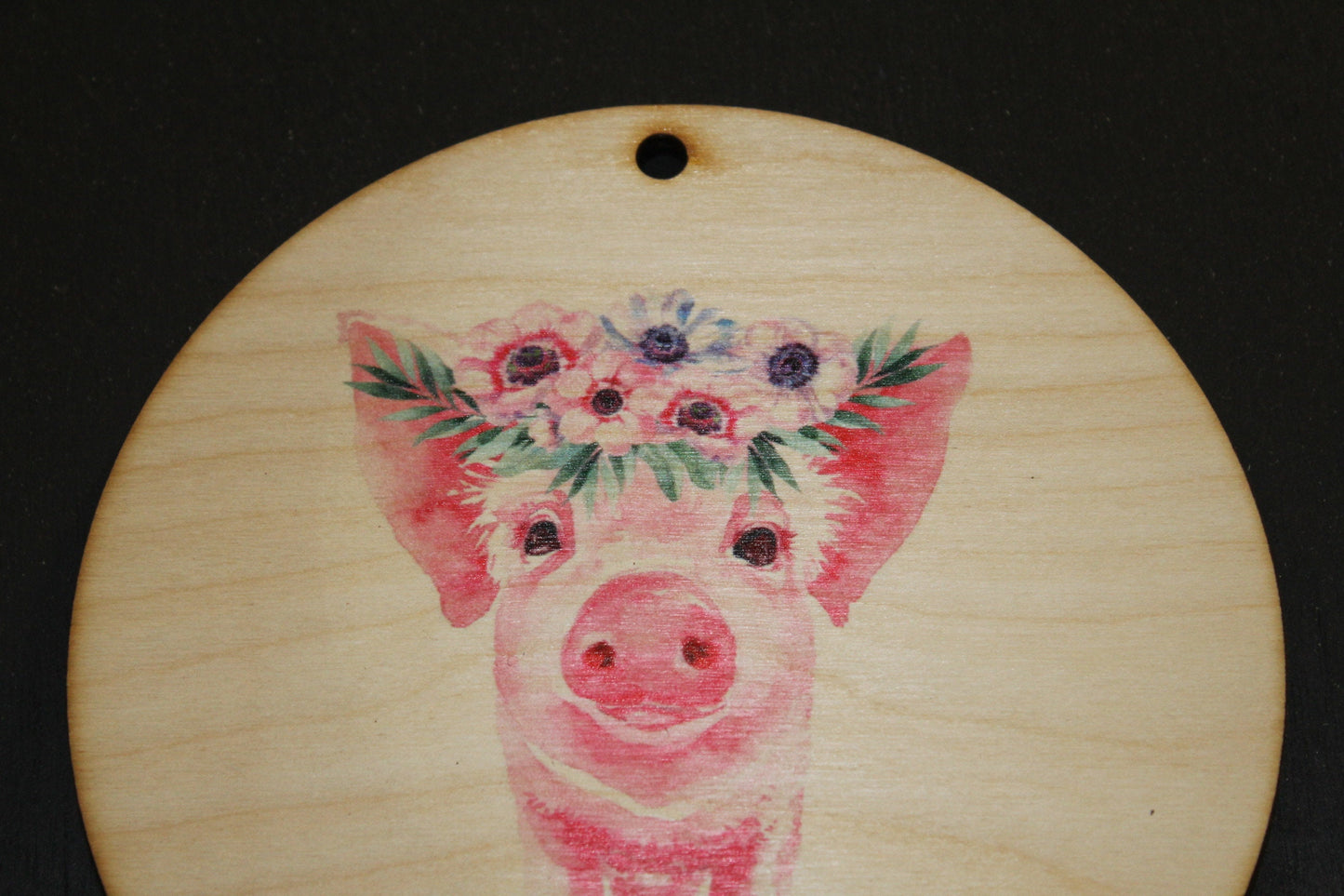 Pig Floral Wreath Crown Piglet Ornament Baby Flowers Face Ears Spots Wall Hanging Tree Rustic Farmhouse Wood