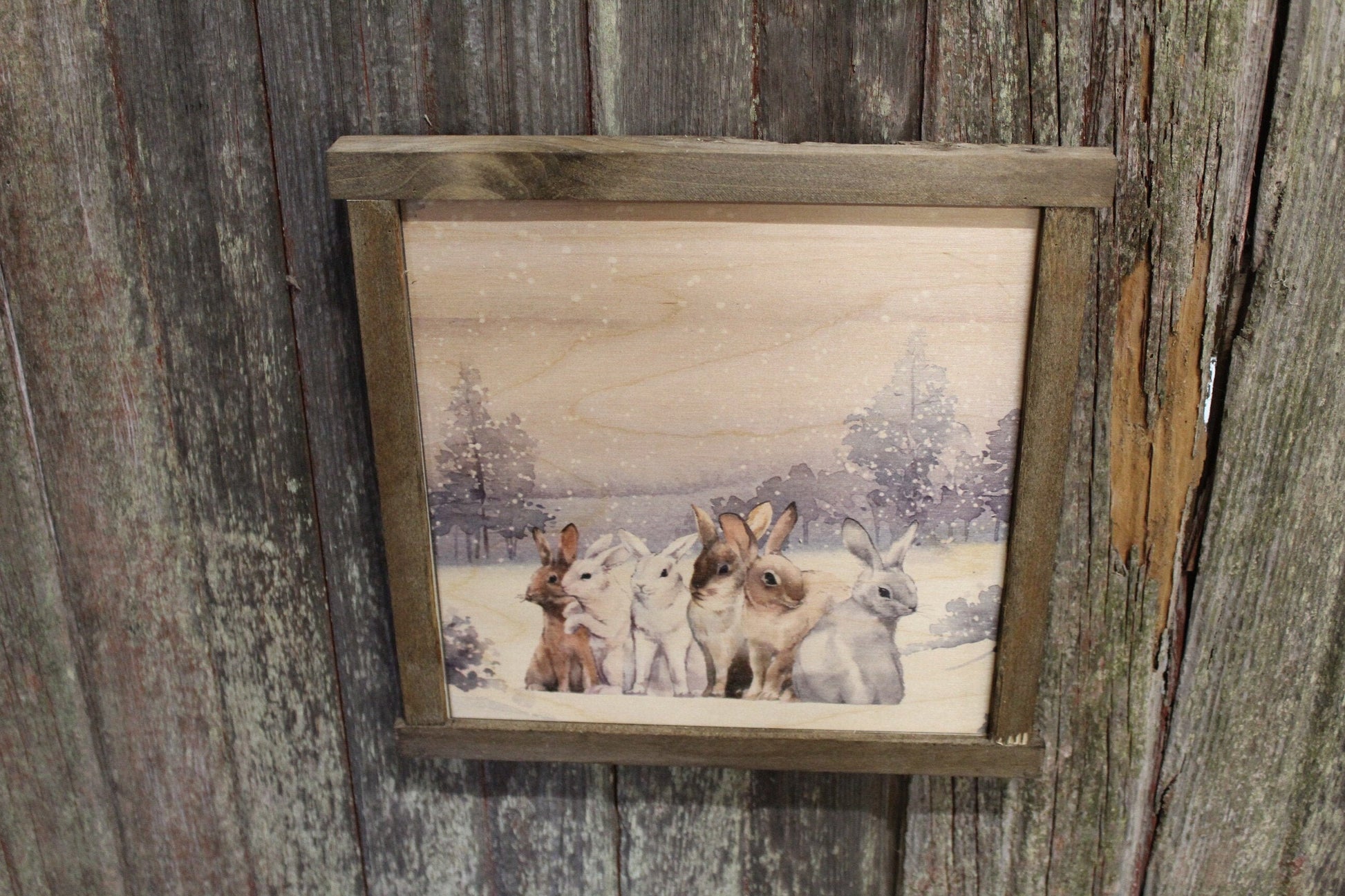 Bunny Framed Winter Scene Rabbit Hare Winter Snow Forest Scenery Rustic Vintage Wooden Sign Wall Decor Art Plaque Wood Print Farmhouse