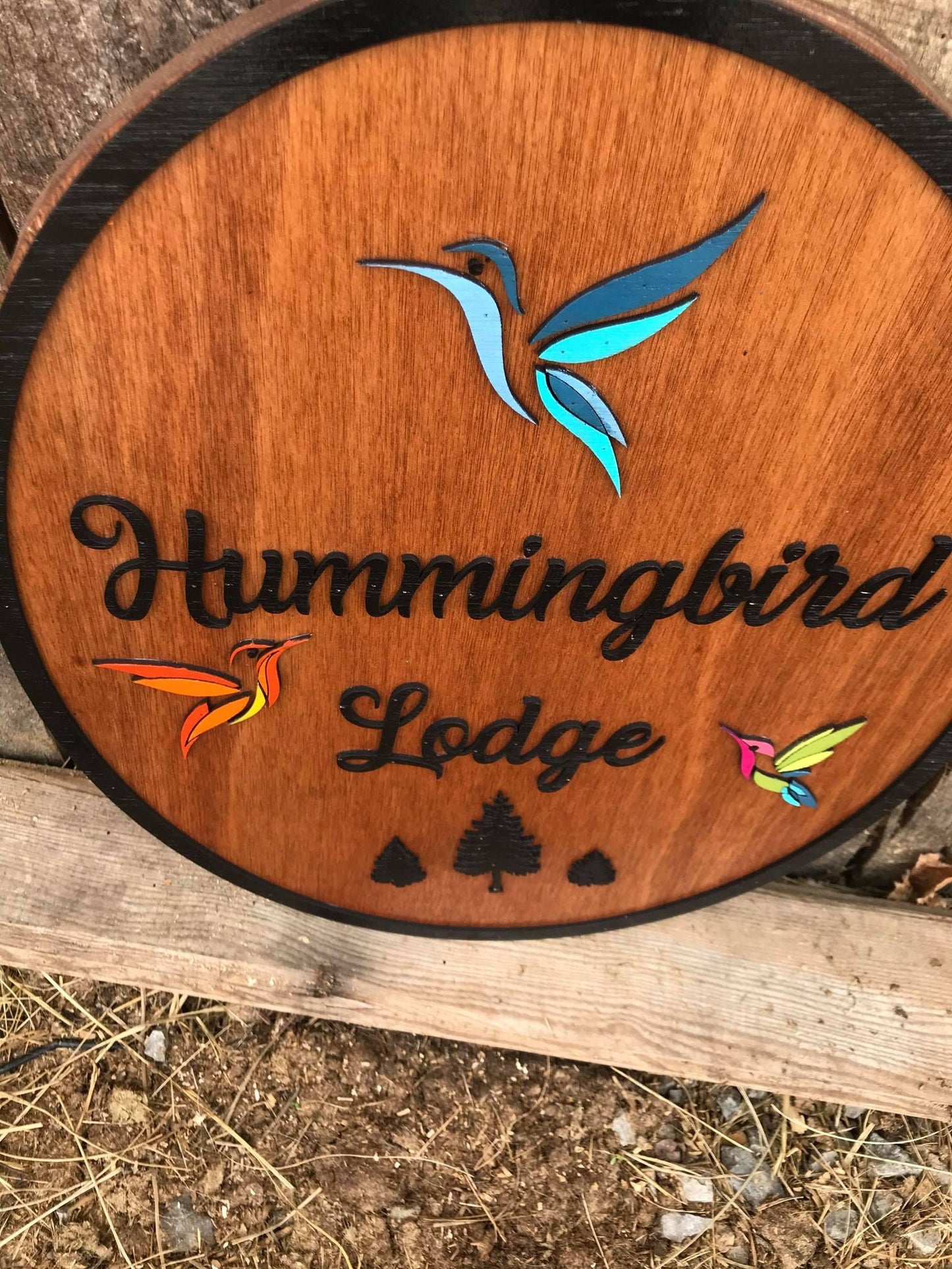 Custom Lodge Sign Hummingbird 3D Raised Bird Large Wood Cabin BNB Rental Colorful Rustic Business Sign Text Oval Indoor Outdoor