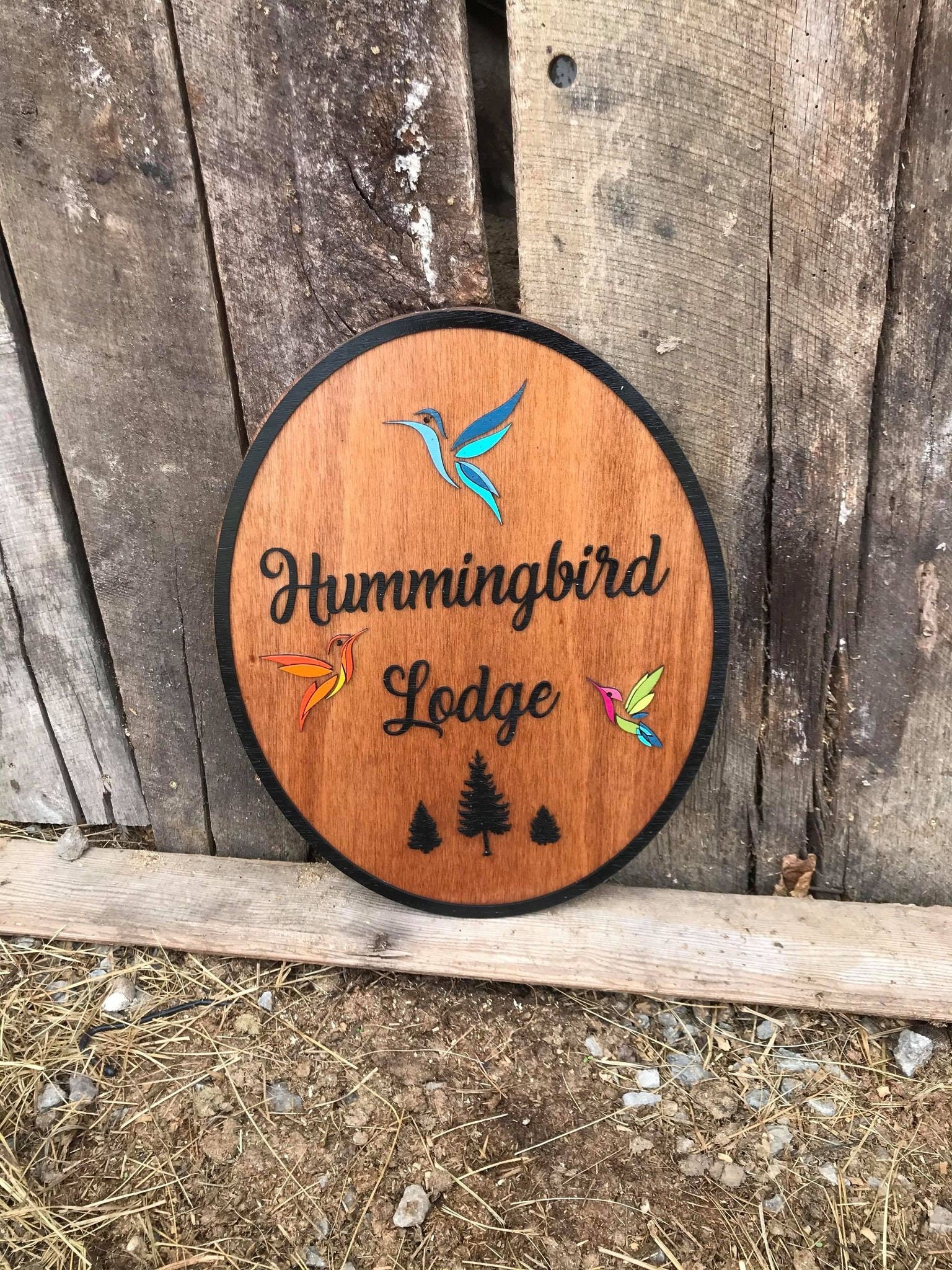 Custom Lodge Sign Hummingbird 3D Raised Bird Large Wood Cabin BNB Rental Colorful Rustic Business Sign Text Oval Indoor Outdoor