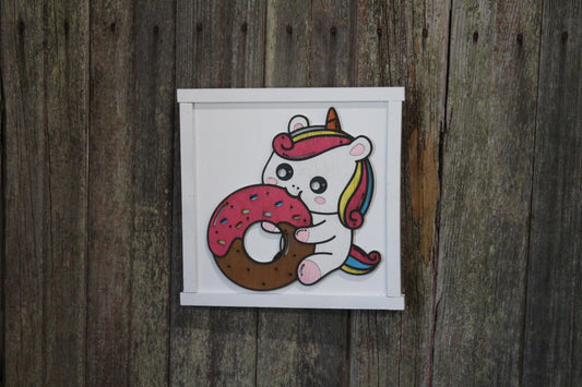 Chubby Unicorn Eating Donut Wood Sign Kawaii Colorful Girls Room 3D Raised Décor Decoration Wall Art Farmhouse Rustic Handmade Rainbow