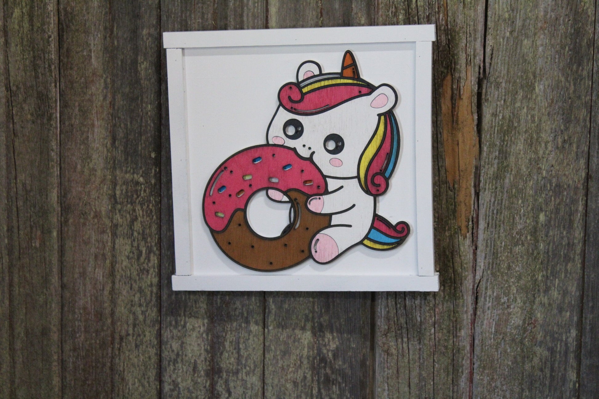 Chubby Unicorn Eating Donut Wood Sign Kawaii Colorful Girls Room 3D Raised Décor Decoration Wall Art Farmhouse Rustic Handmade Rainbow