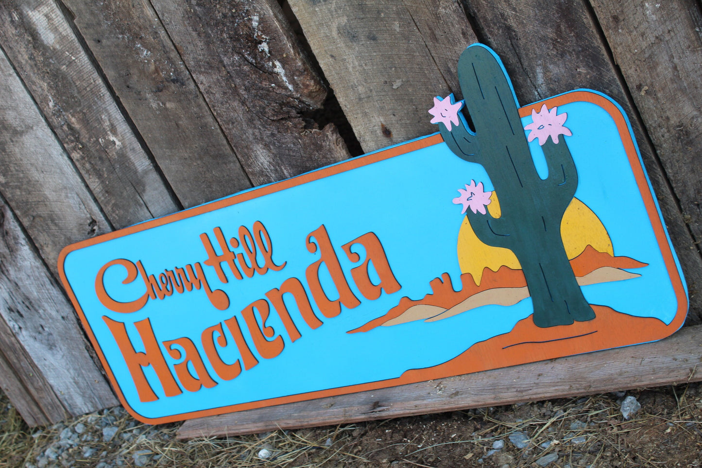Hacienda Raised Sign 3D Wood Cactus Western Sunset Custom Shape Large Laser Cut Wood Rustic Primitive Home House Address Sign