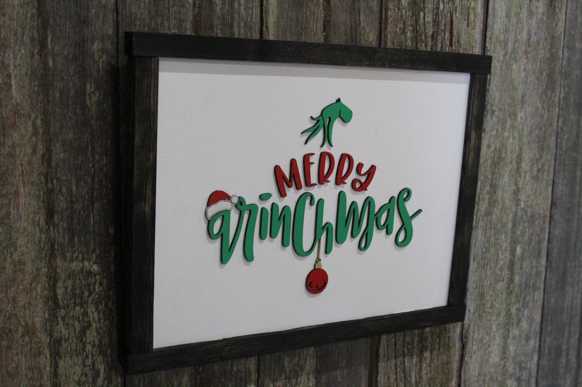 Merry Grouch mas Sign Raised 3D Wood The Mean One Christmas Décor Decoration Wall Art Farmhouse Rustic Primitive Fingers Smile Hand Festive