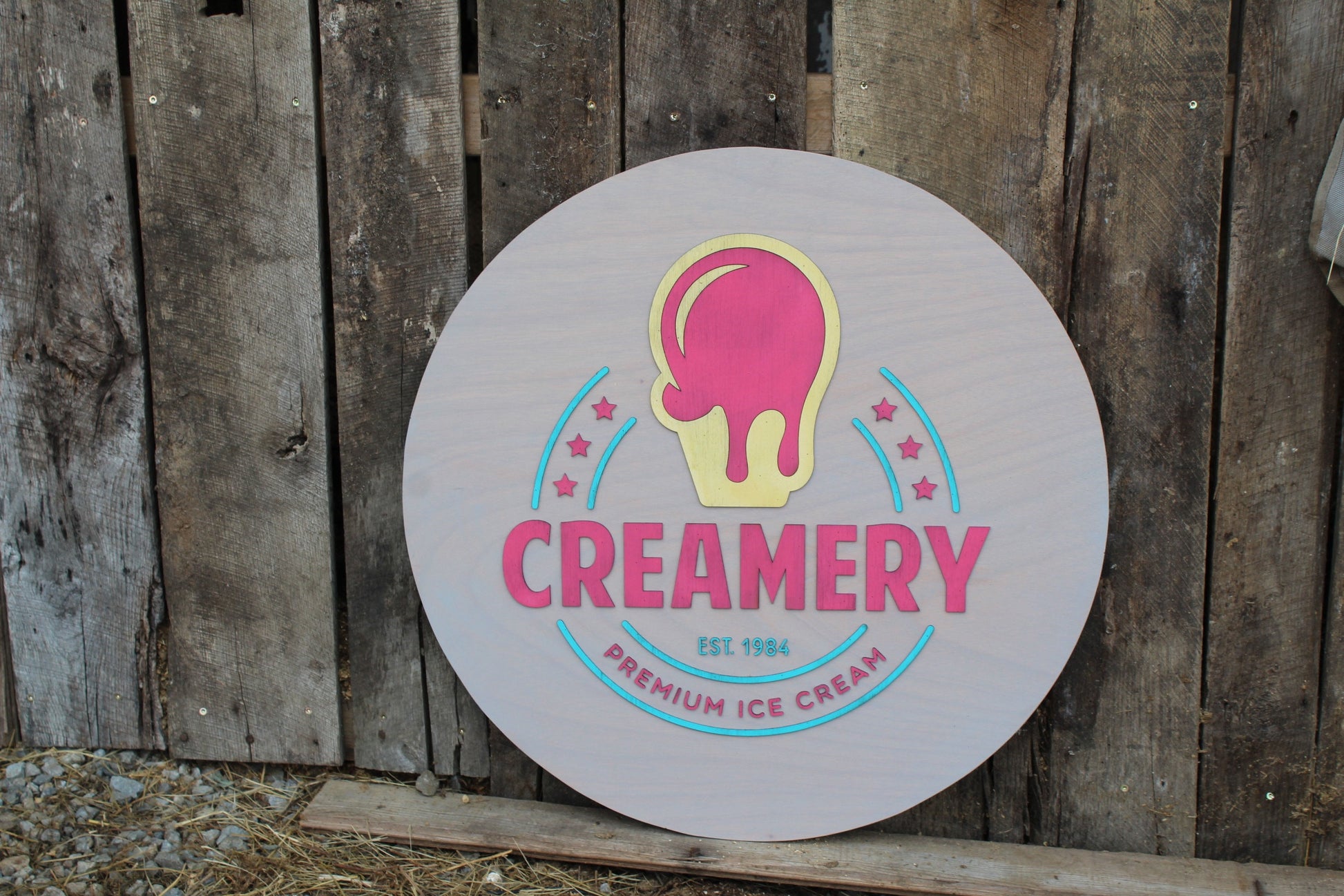 Custom Wooden Round Creamery Ice Cream Shop Sign Raised Text 3D Large Logo Emblem Handmade Store Front Entrance Counter Signage Personalized