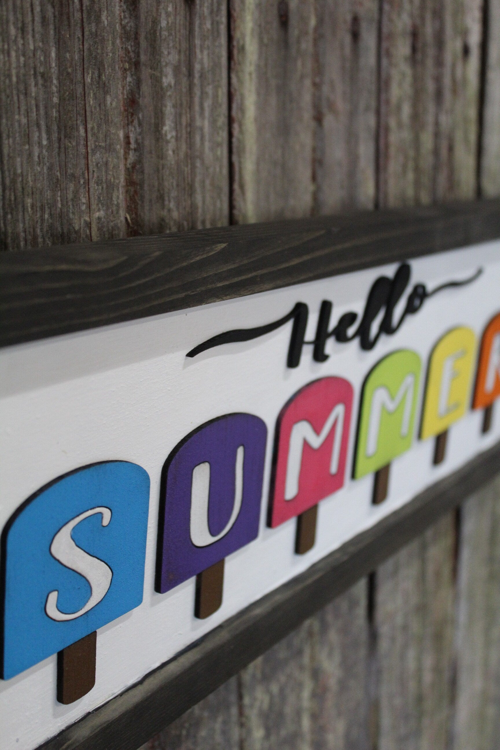Hello Summer Wood Sign 3D Raised Text Image Bright Popsicles Ice Pops Ice Cream Fun Farmhouse Handmade Sign Rustic Primitive