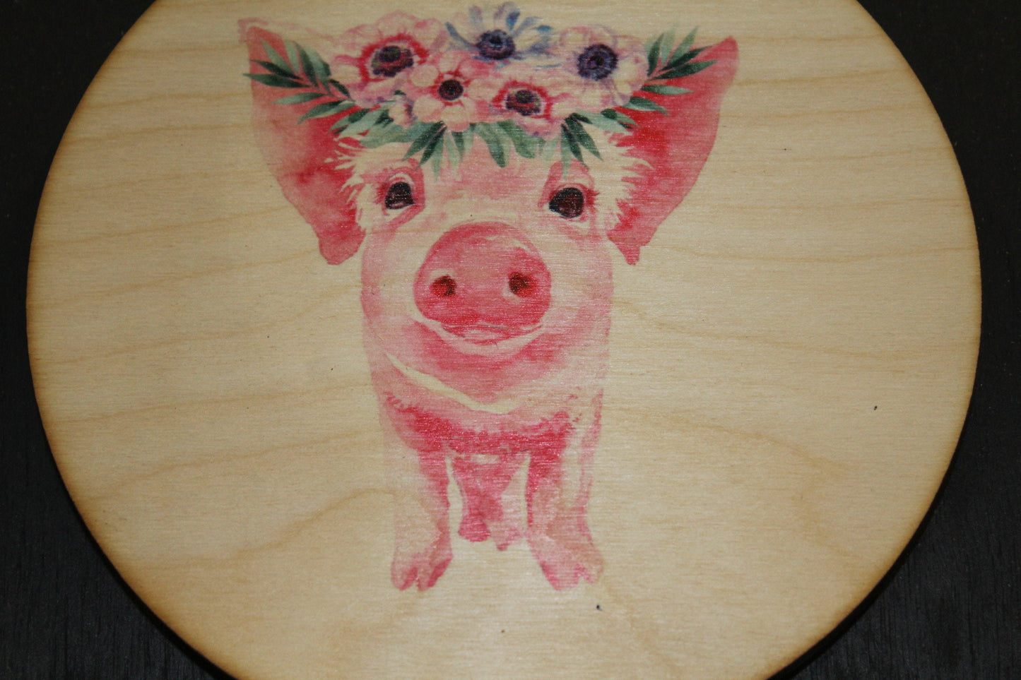 Pig Floral Wreath Crown Piglet Ornament Baby Flowers Face Ears Spots Wall Hanging Tree Rustic Farmhouse Wood