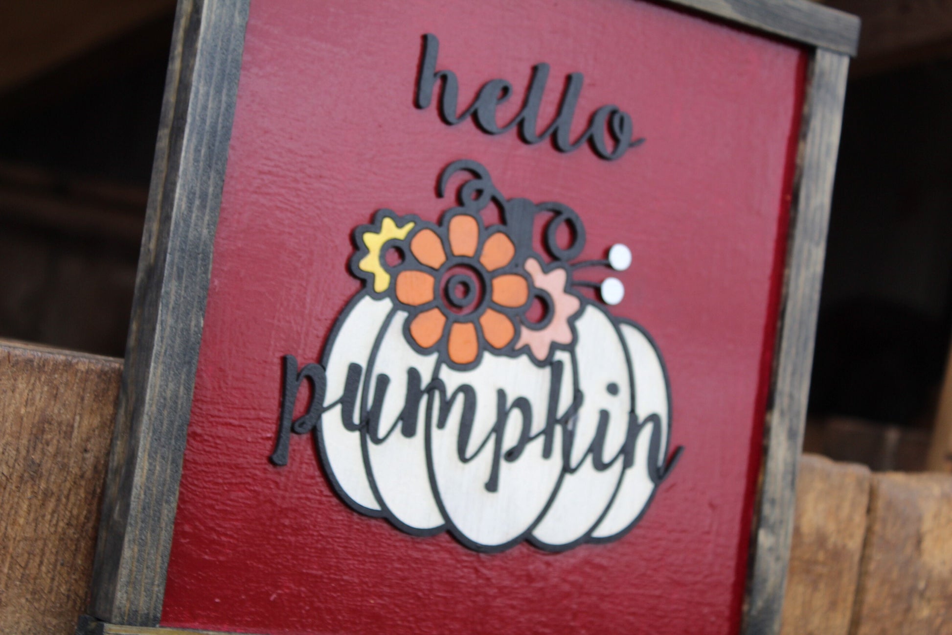 White Pumpkin Wood Sign Fall Flowers Floral Text Hello Pumpkin Decoration Décor Decoration Art Farmhouse Rustic Thanksgiving Sunflower