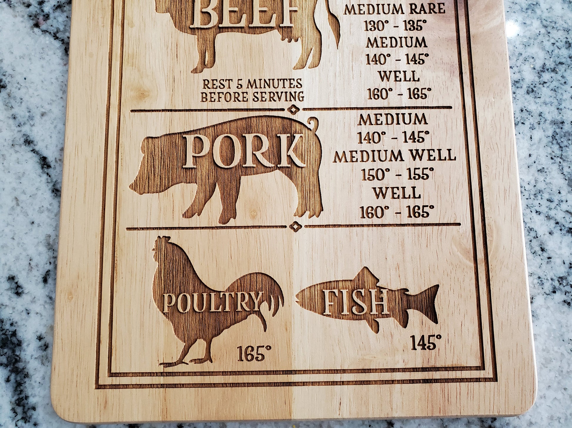 Cooking Time and Temperature For Beef Fish Pork Chicken Measurement Hardwood Engraved Cutting Board Wood Kitchen Accessory Animals Chart