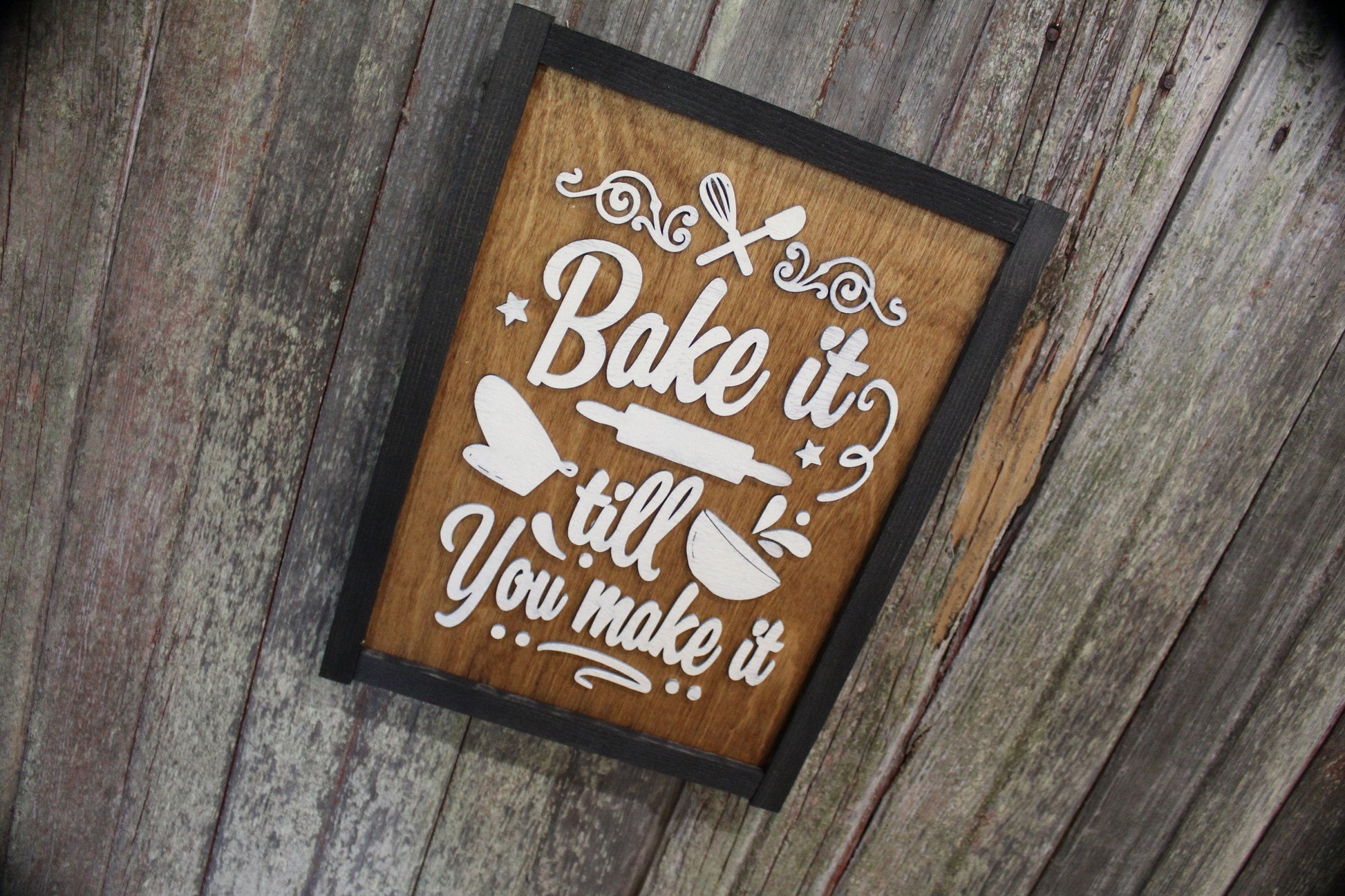 Bake It Till You Make It Kitchen Wall Sign 3D Raised Text Décor Decoration Art Bowl Mixer Framed Brown White Farmhouse Mitten Rolling Pin