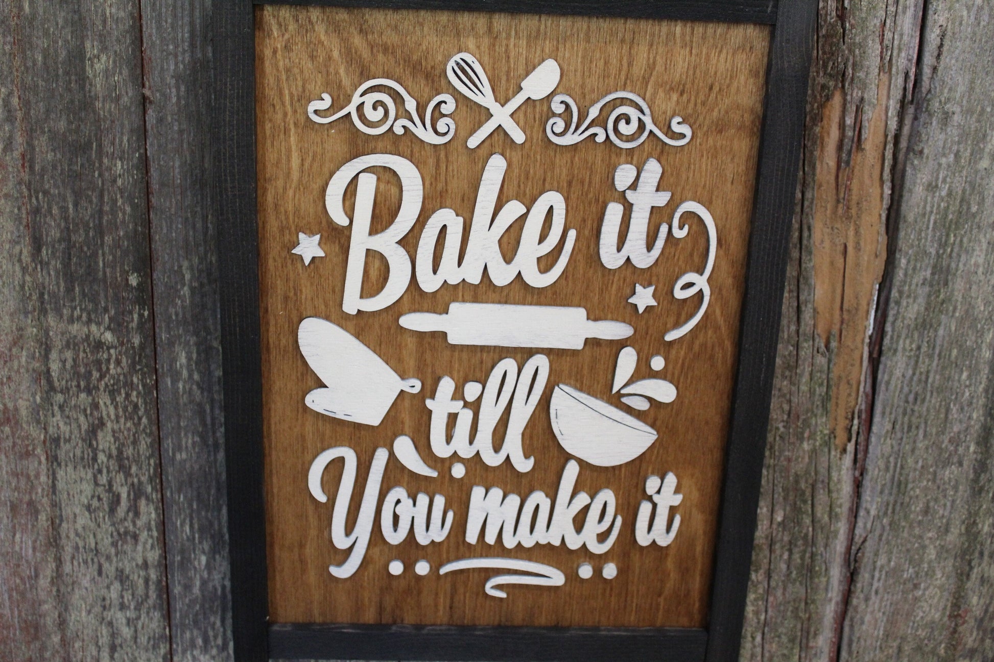 Bake It Till You Make It Kitchen Wall Sign 3D Raised Text Décor Decoration Art Bowl Mixer Framed Brown White Farmhouse Mitten Rolling Pin