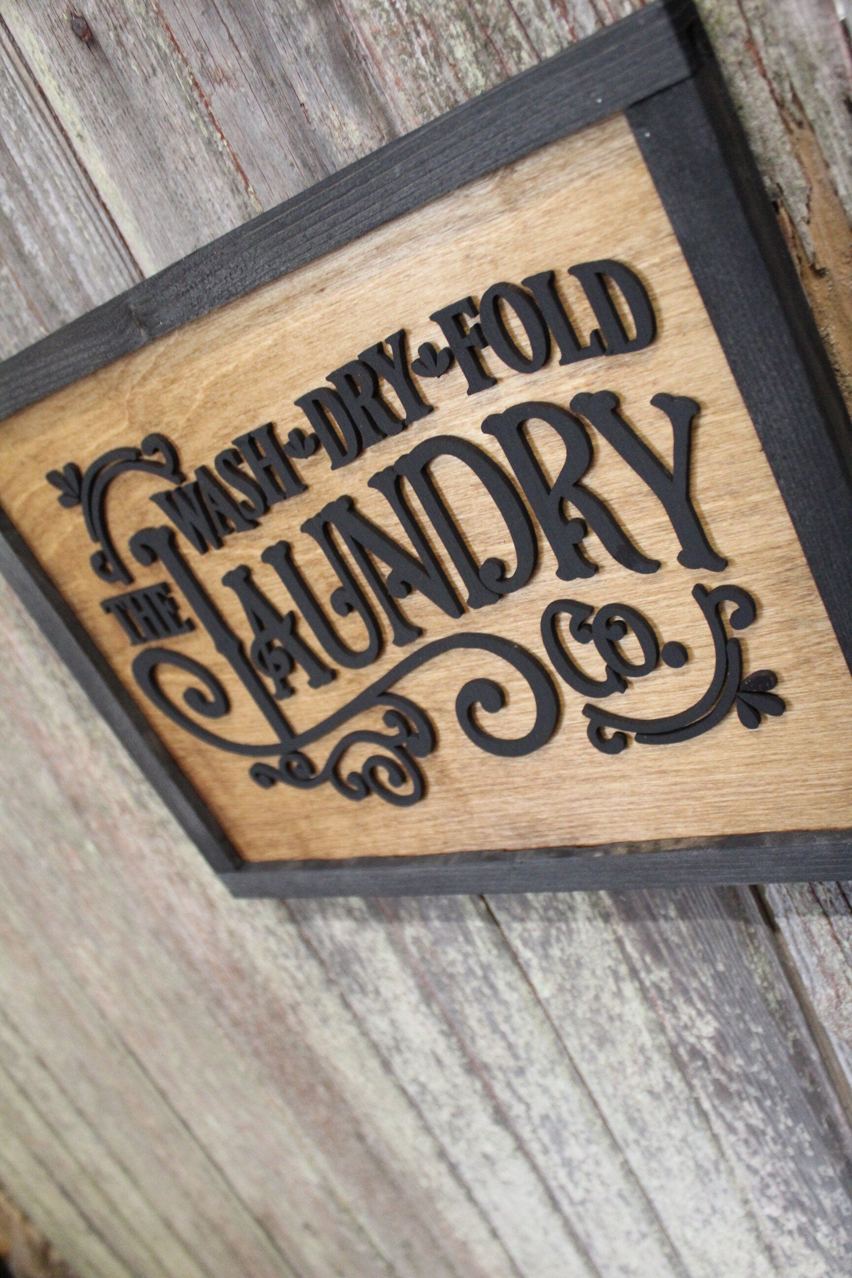 Laundry Room Filigree Scroll Work Hanging Wall Sign Wash Dry Fold 3D Raised Text Black Rustic Primitive Country Barn wood Laser Text Framed