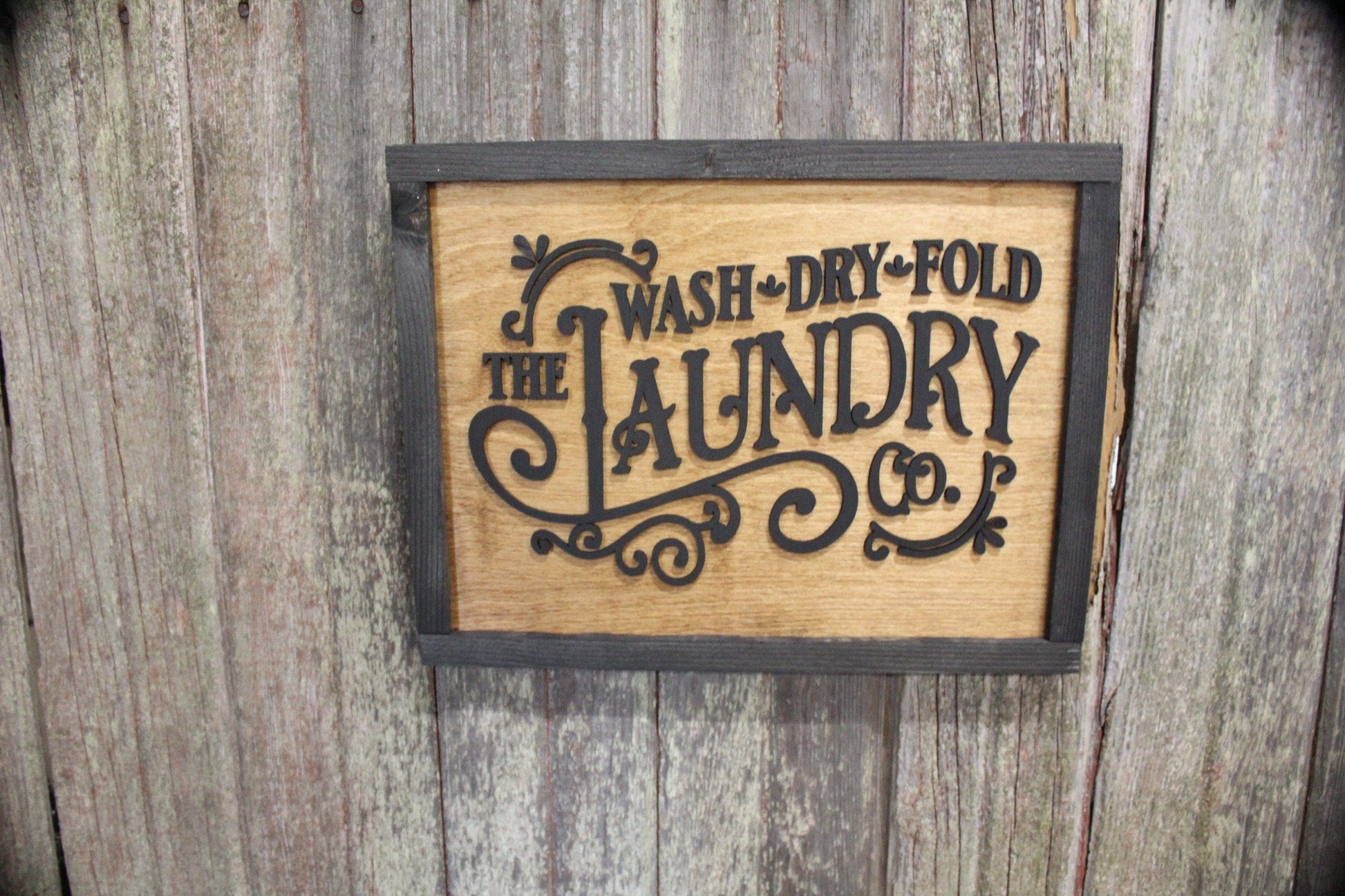 Laundry Room Filigree Scroll Work Hanging Wall Sign Wash Dry Fold 3D Raised Text Black Rustic Primitive Country Barn wood Laser Text Framed