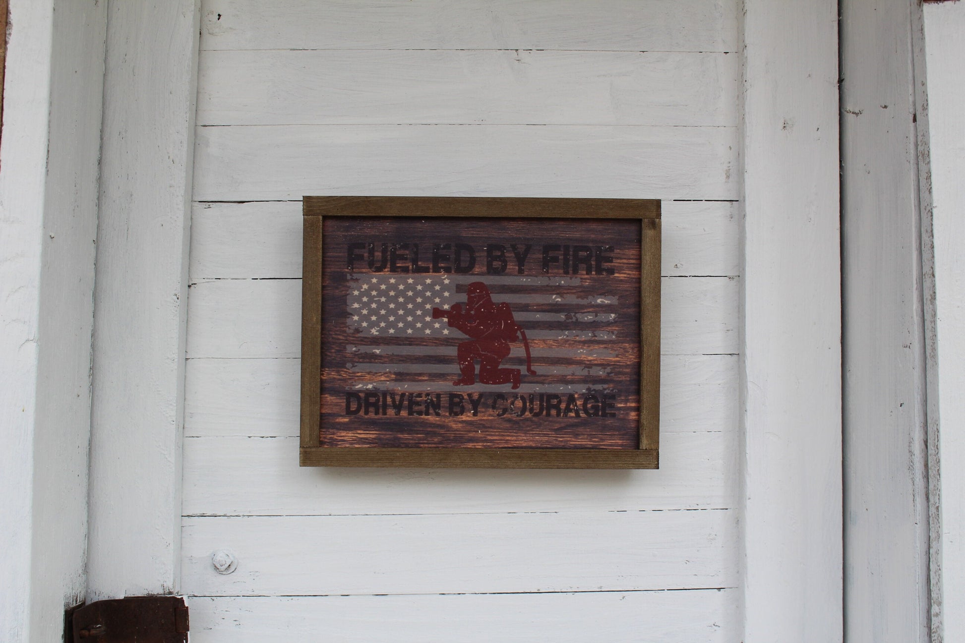 Fueled By Fire Driven By Courage Fire Fighter Fireman American Flag Rustic Wood Sign Framed Print Decor Farmhouse Primitive Wall Décor