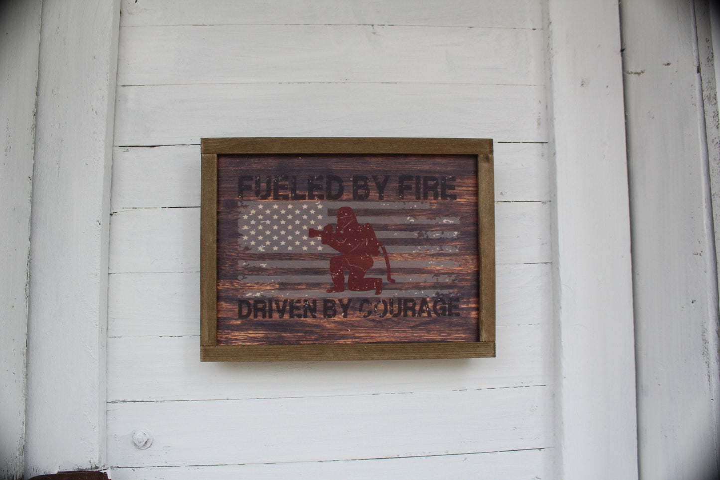Fueled By Fire Driven By Courage Fire Fighter Fireman American Flag Rustic Wood Sign Framed Print Decor Farmhouse Primitive Wall Décor