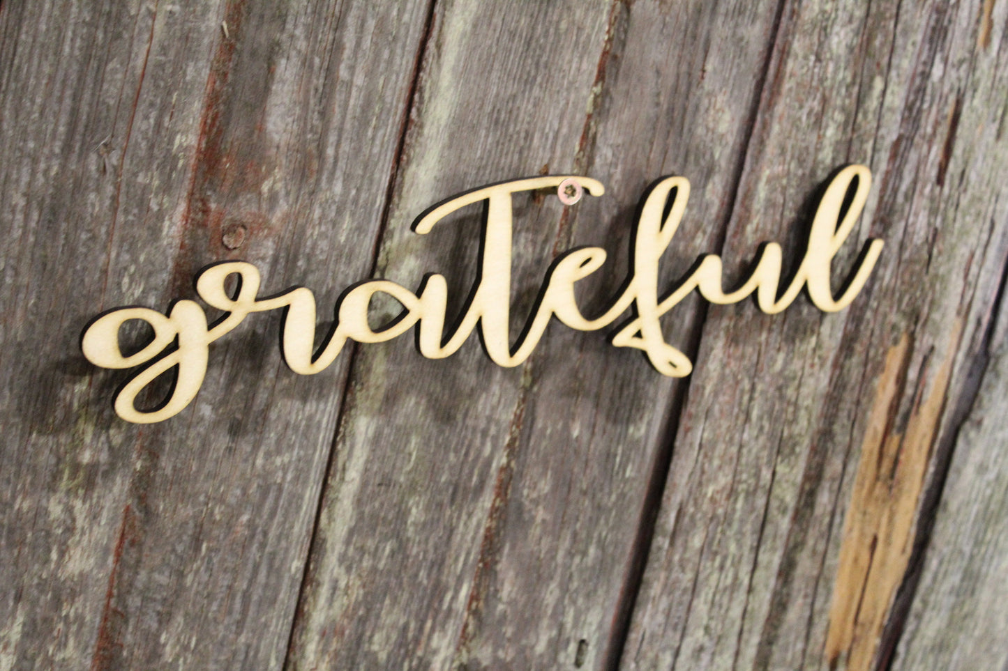 Grateful Word Sign Wreath Sign Cutout DIY Wood Word Craft Laser Cut Wooden Décor Birch Natural Color Font Text Script