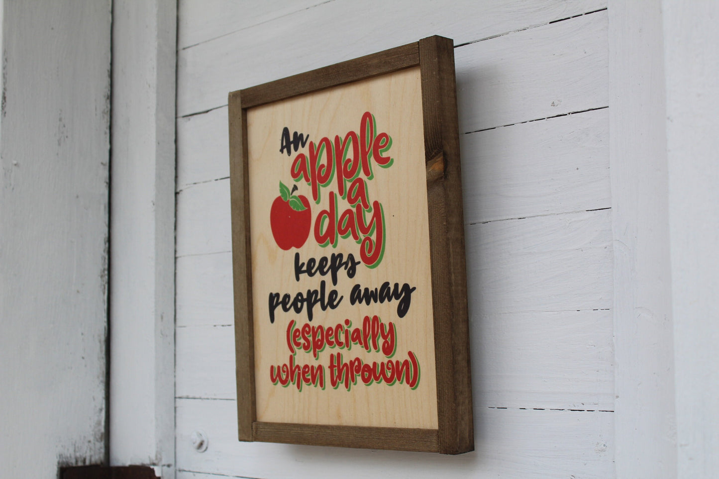 An Apple A Day Keeps People Away Especially When Thrown Funny Teacher Doctor Kitchen Sign Rustic Wood Print Decor Farmhouse Primitive Wall