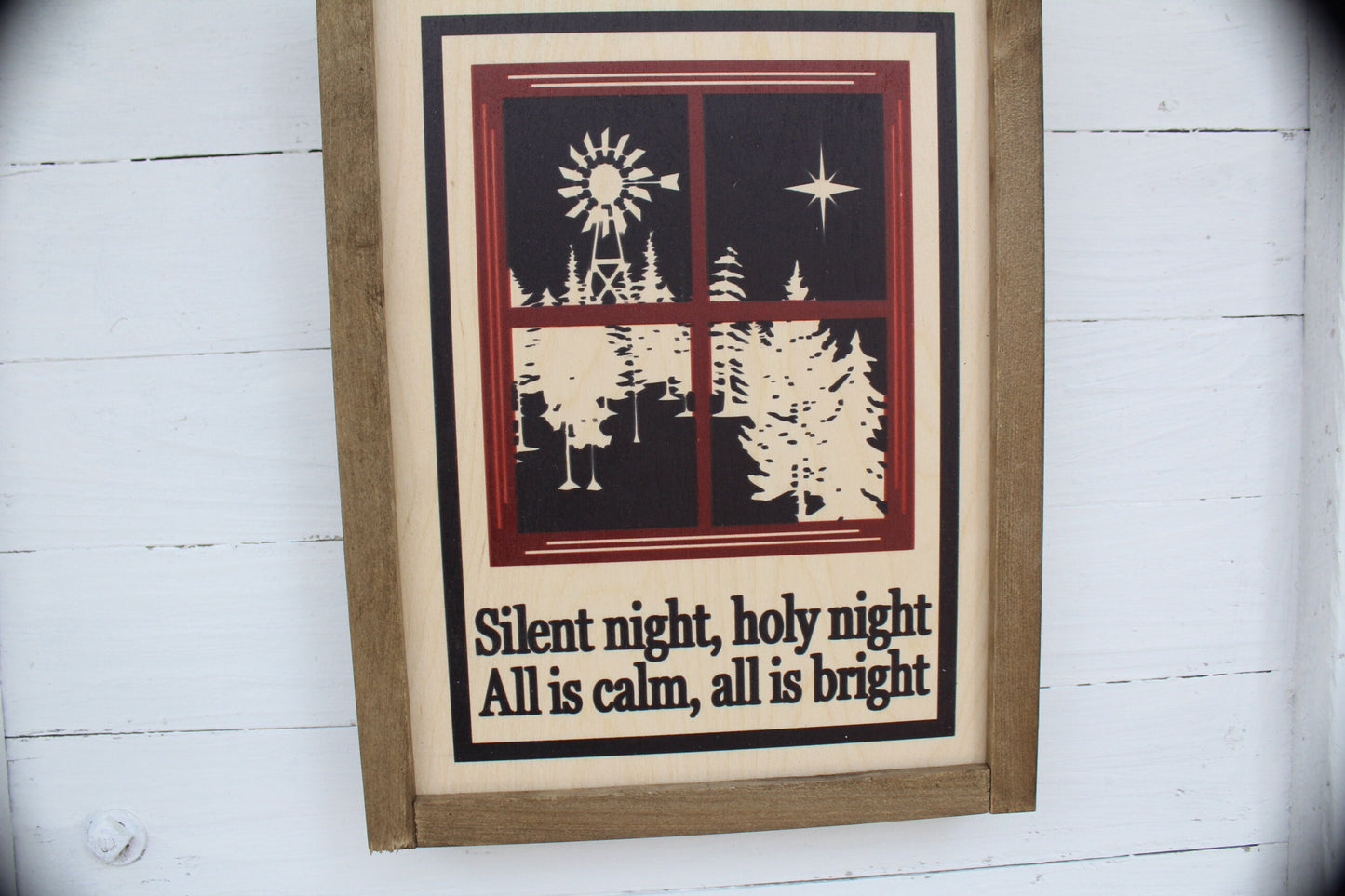 Silent Night Wood Holy Night All Is Calm Looking Out a Window Sign Rustic Farmhouse Primitive Wall Art Décor Windmill Christmas Winter Scene