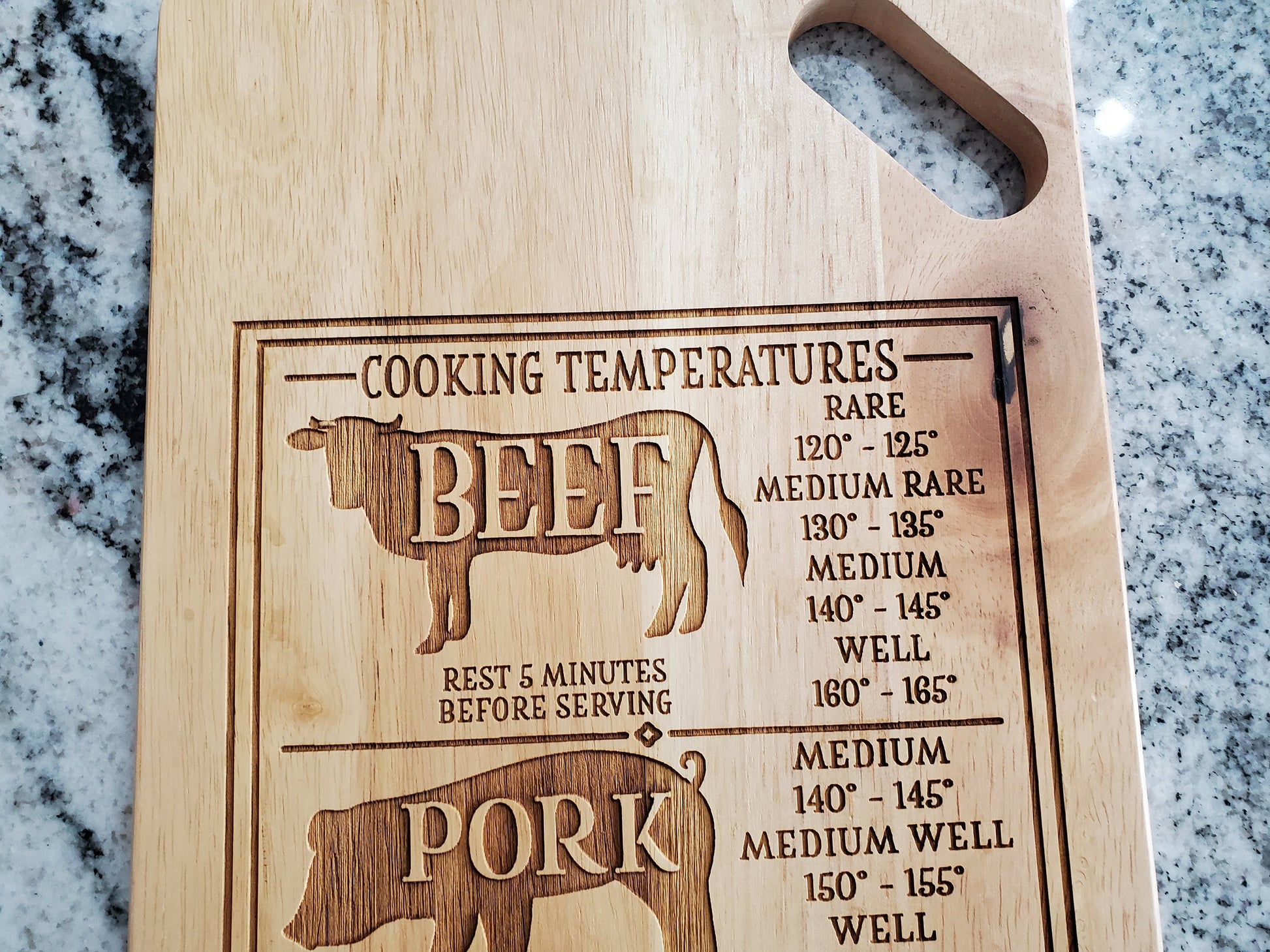 Cooking Time and Temperature For Beef Fish Pork Chicken Measurement Hardwood Engraved Cutting Board Wood Kitchen Accessory Animals Chart