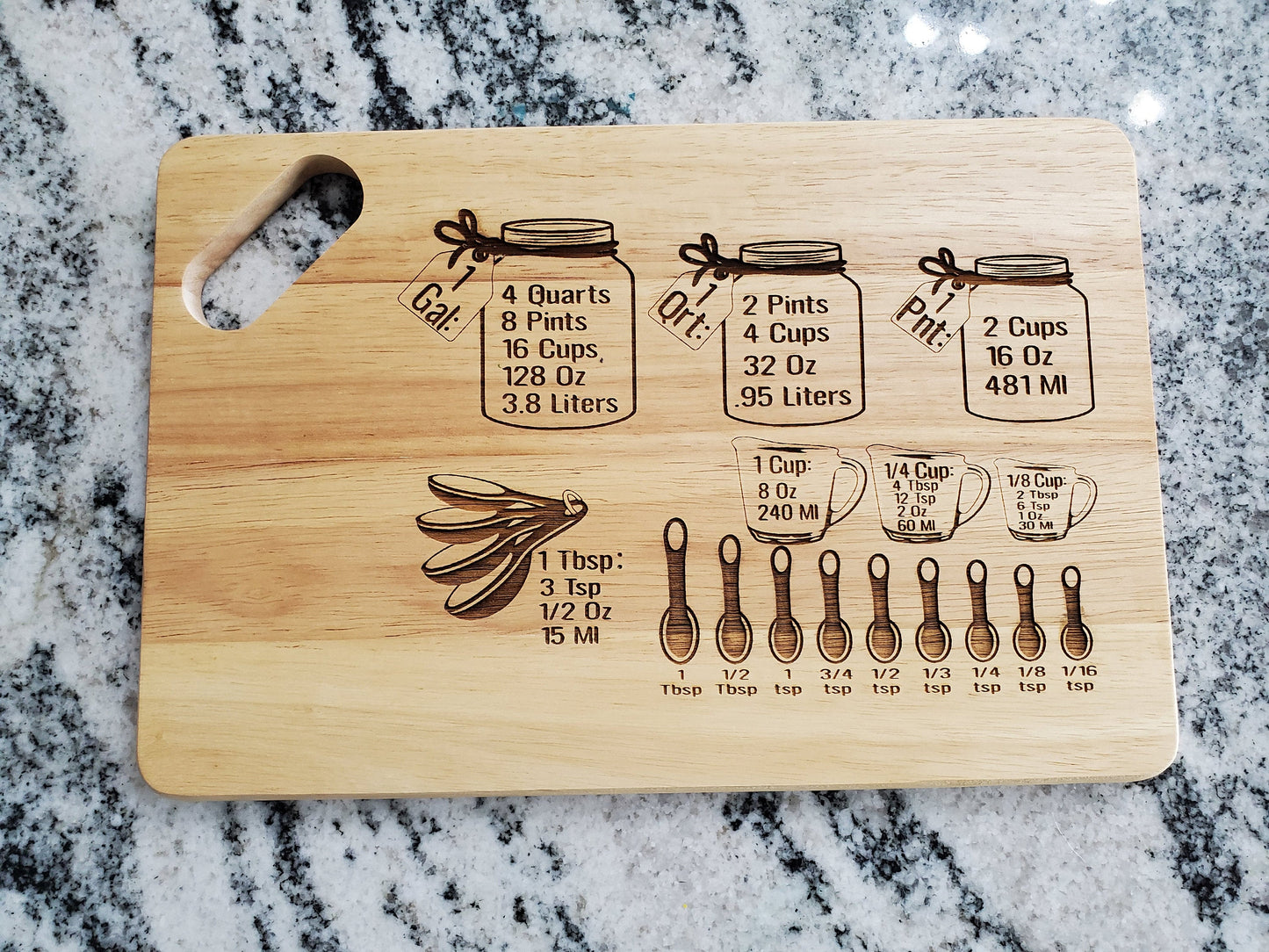 Kitchen Conversion Chart Graph Gift Hardwood Engraved Cutting Board Wood Kitchen Accessory Cups Measuring Spoons Tablespoons Measurement