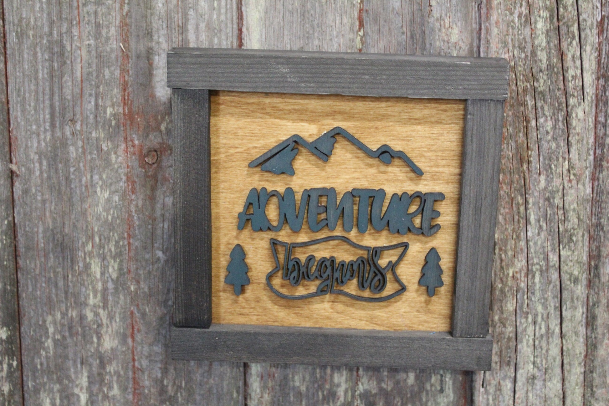Adventure Begins 3D Raised Text Rustic Mountain Pine Trees Brown Cabin Primitive Script Text Room Wall Décor Decoration Camping Travel
