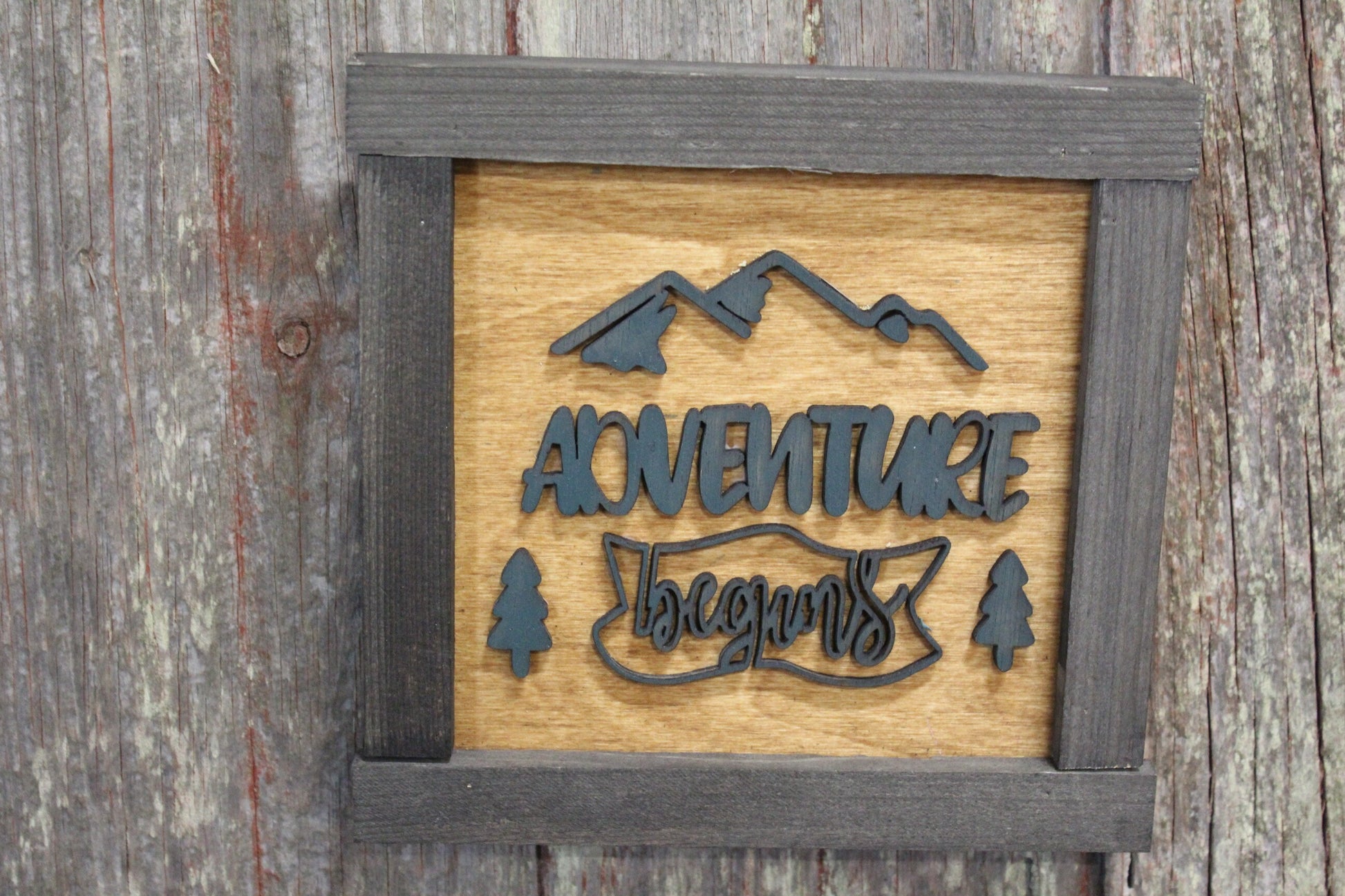 Adventure Begins 3D Raised Text Rustic Mountain Pine Trees Brown Cabin Primitive Script Text Room Wall Décor Decoration Camping Travel