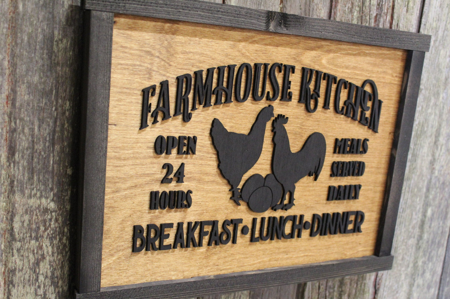 Farmhouse Menu Kitchen Wood Sign Chickens Open 24 Hours Meals Served Daily 3D Raised Text Framed Primitive Cabin Rustic Sign Chick Eggs