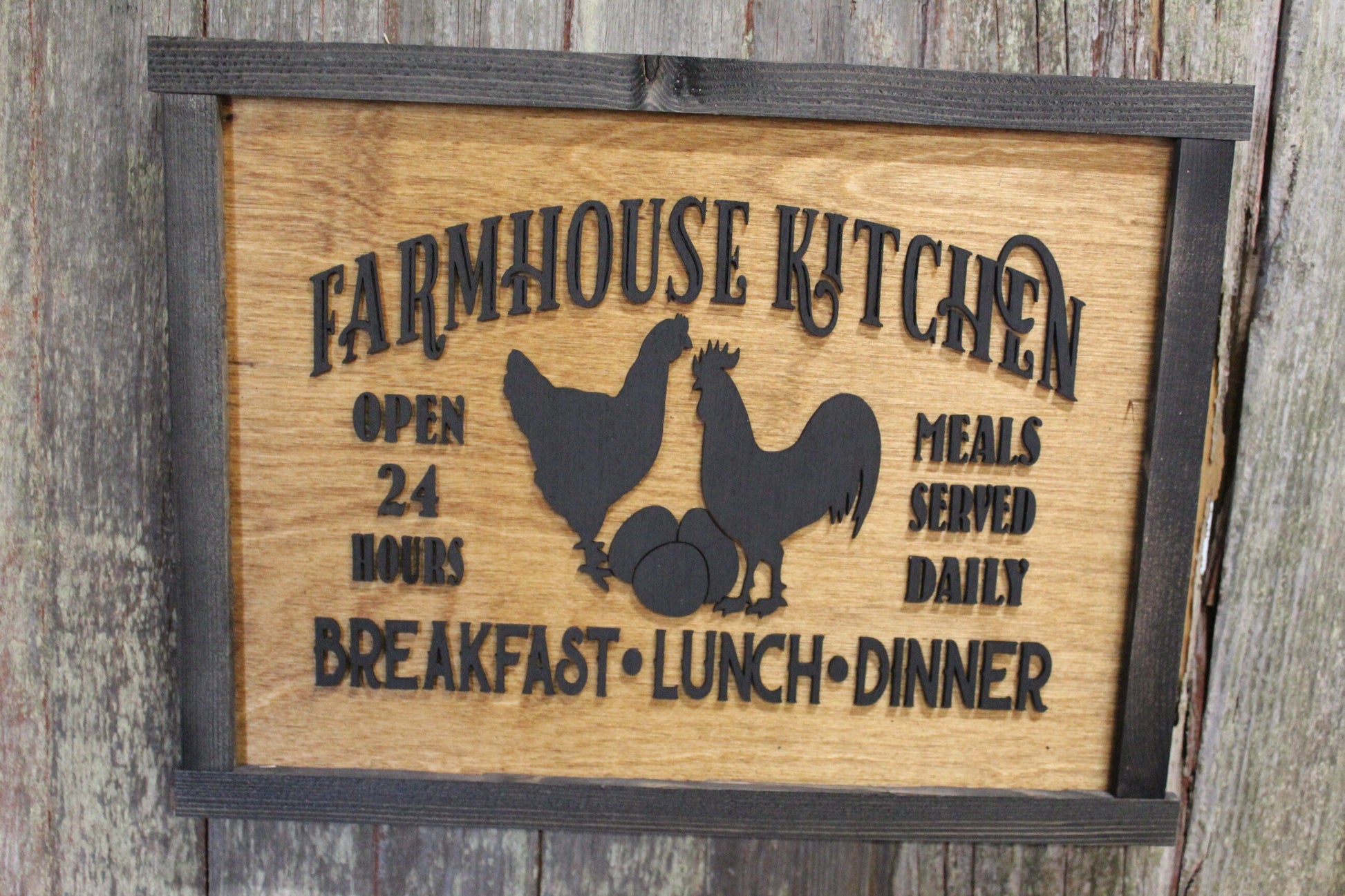 Farmhouse Menu Kitchen Wood Sign Chickens Open 24 Hours Meals Served Daily 3D Raised Text Framed Primitive Cabin Rustic Sign Chick Eggs