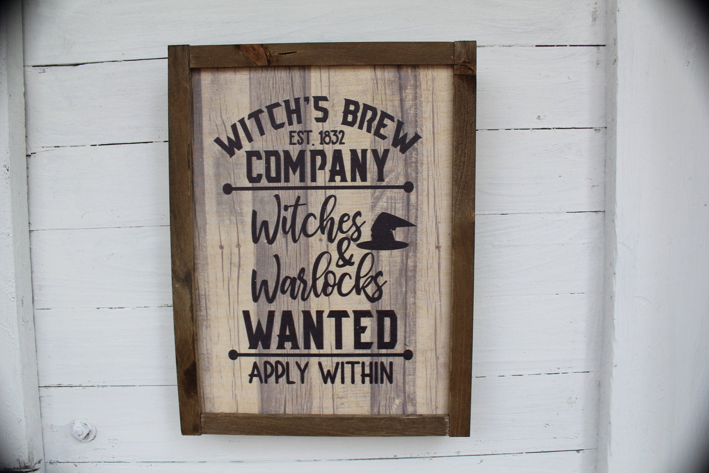 Witches Brew Company Witches and Warlocks Wanted Halloween Rustic Wood Sign Framed Print Decor Farmhouse Primitive Wall Décor Apply Within