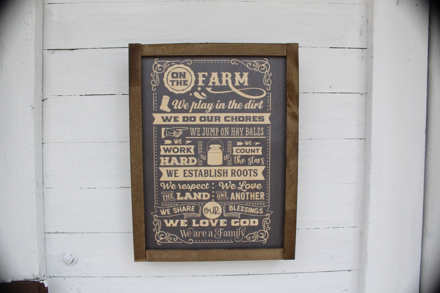 Farm Life Wood Sign On The Farm We List of Quotes Farmhouse Rustic Barn Wood Decoration Play in Dirt Chores Work Hard God Boots Love Land