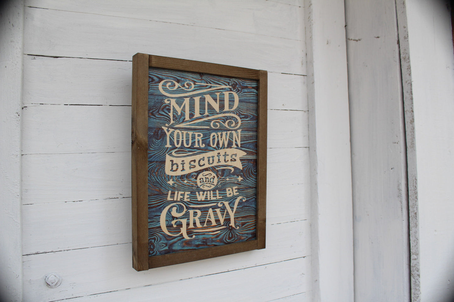 Silly Kitchen Sign Mind Your Own Biscuits and Life Will Be Gravy Blue Wood Sign Print Farmhouse Rustic Barnwood Decoration Joke Funny