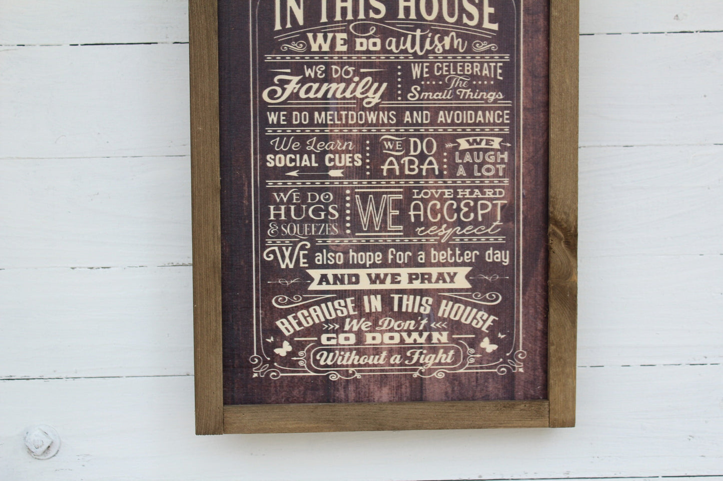 In This House We Do Autism Wood Sign Family Social Cues Celebrate ABA Hugs Prayer Wall Art Print Rustic Pallet Wood Hugs Love Meltdowns